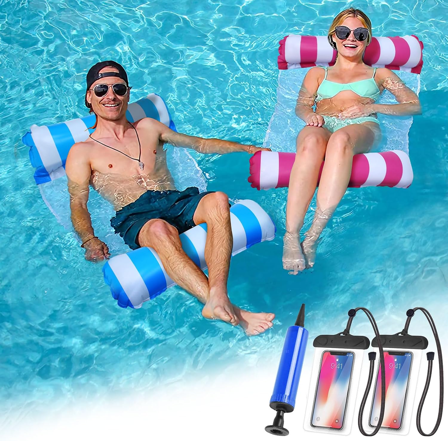 HALOVIE 2 Pack Inflatable Pool Floats Hammock 4-in-1 Multi-Purpose with Air Pump and 2 Waterproof Phone Pockets