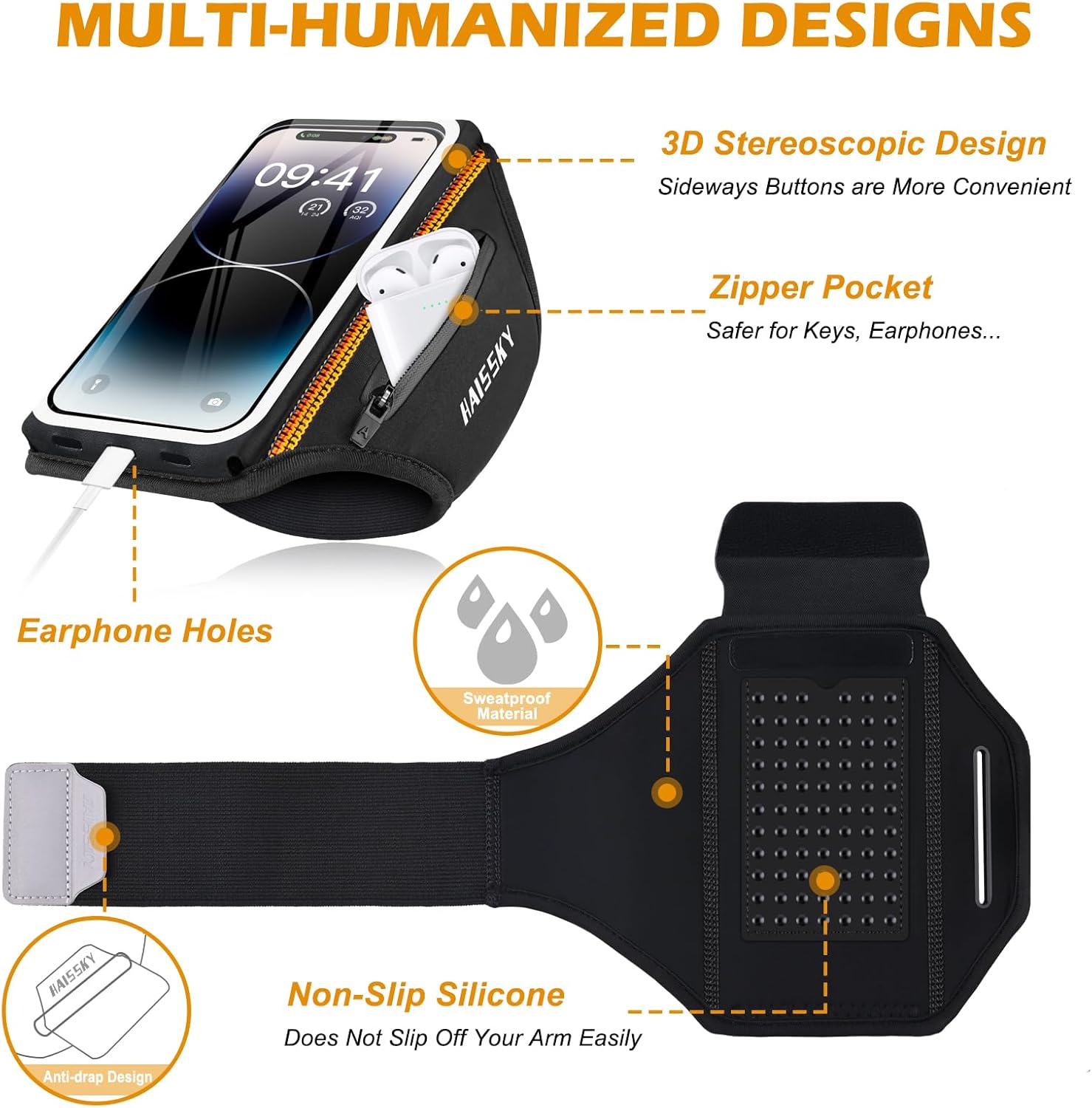 Detalle 2 de Fascia da braccio sportiva con borsa auricolari e porta cellulare per smartphone fino a 6,9