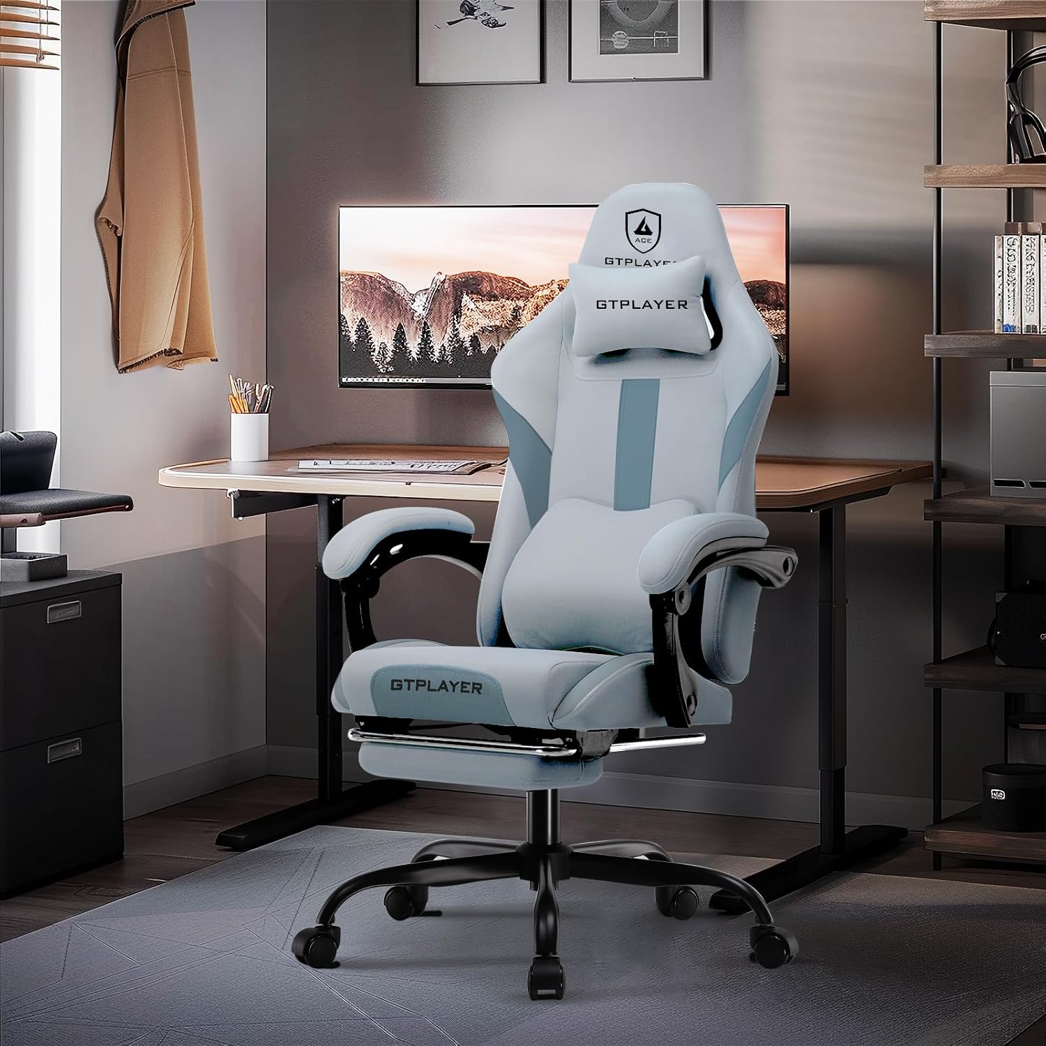 Detalle de GTPLAYER GT905 gamingstoel van stof met lendensteun, voetensteun en kantelfunctie
