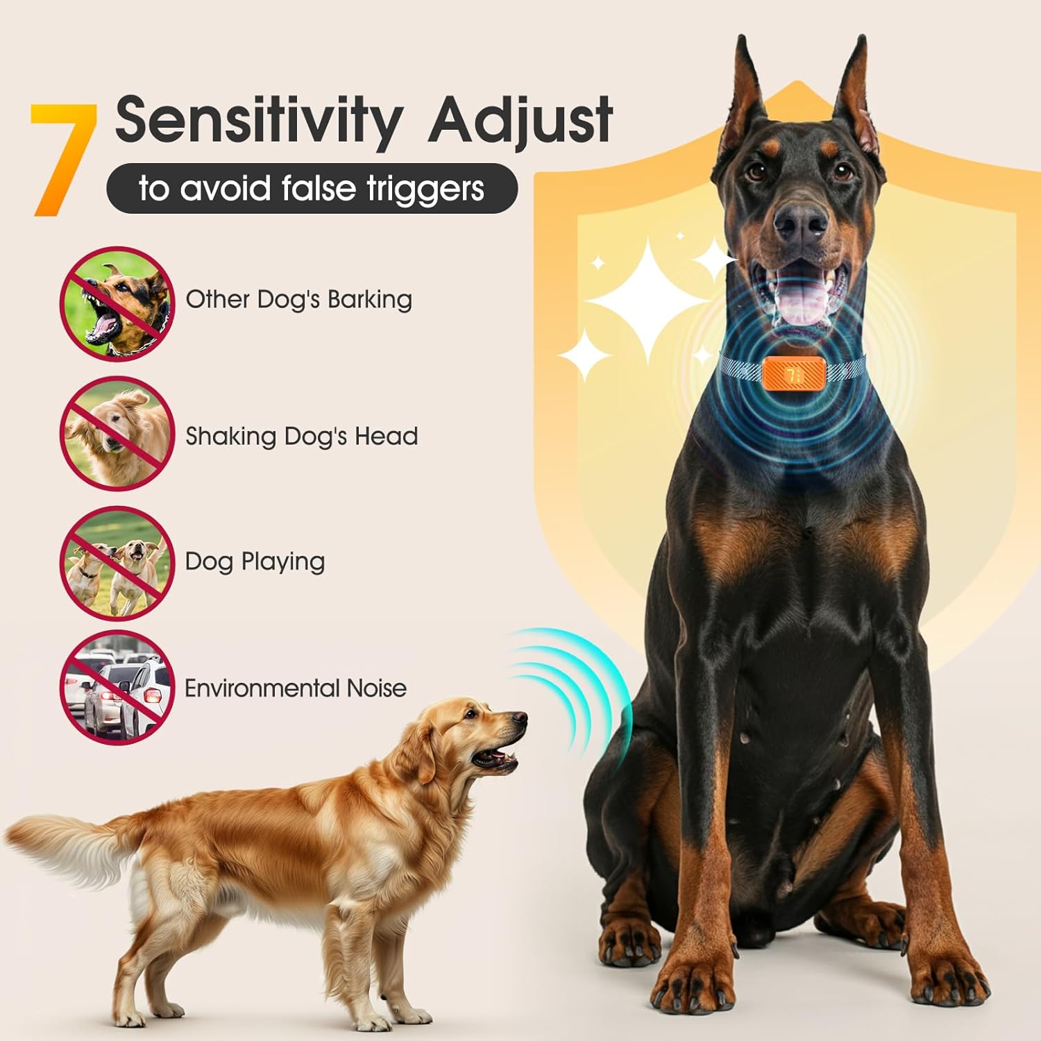 Detalle 2 de KJKZO Smart Bark Collar (Rechargeable, Waterproof IP67) with 7 Sensitivity Levels for Small to Large Dogs — Neon Orange