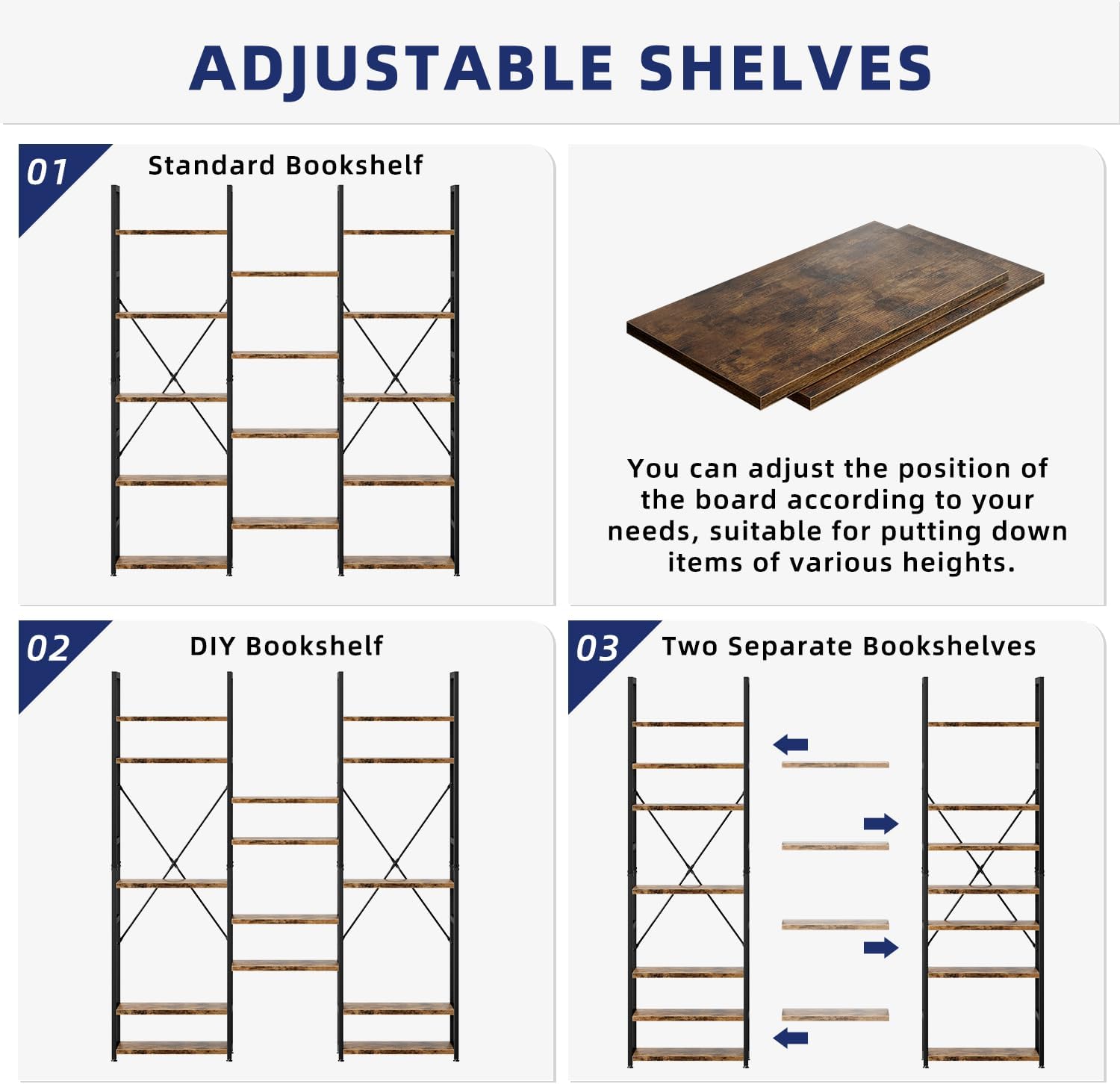 Detalle de NUMENN Triple Column 5 Tier Bookshelf: 14 Open Shelves, Adjustable Rustic Industrial Display