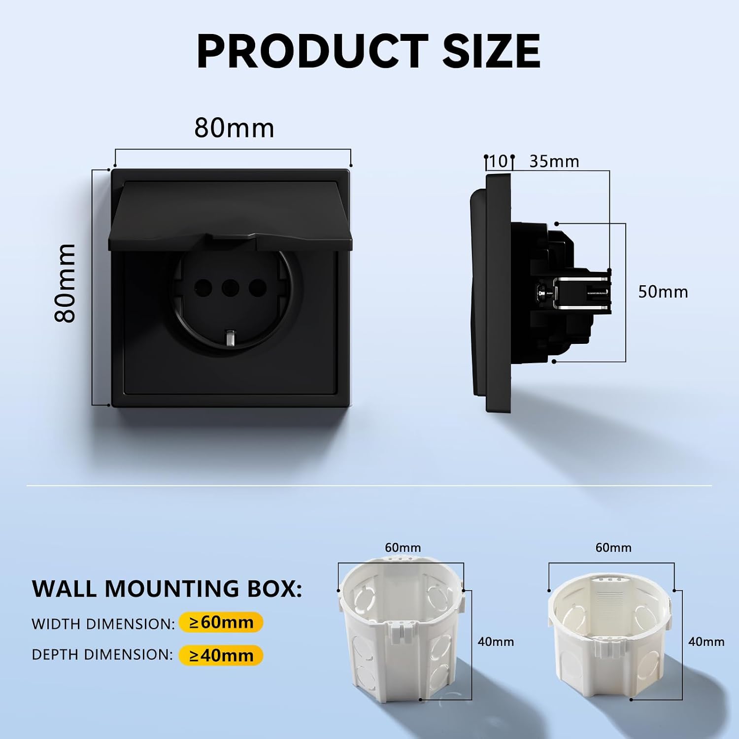 Detalle 2 de BSEEDLIFE Schuko Unterputz-Steckdose mit wasserdichter Abdeckung, 1-fach, Schwarz (16 A, 80×80 mm, EU-Standard)