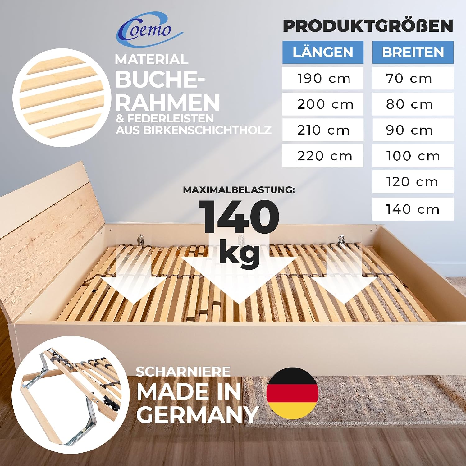 Thumbnail 6 de Coemo 7-Zonen Lattenrost Ergo 140x200 – Verstellbares Kopfteil, Birke/Buche-Rahmen, 28 Federleisten, Made in Germany