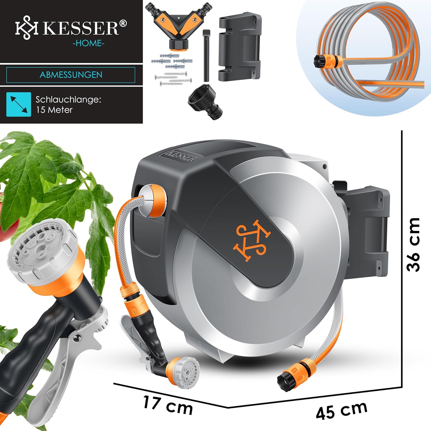 Thumbnail 6 de KESSER Schlauchtrommel 15 m – Wandmontage, 180° Schwenkmechanik, automatische Aufrollung, 7‑Funktionen Handbrause