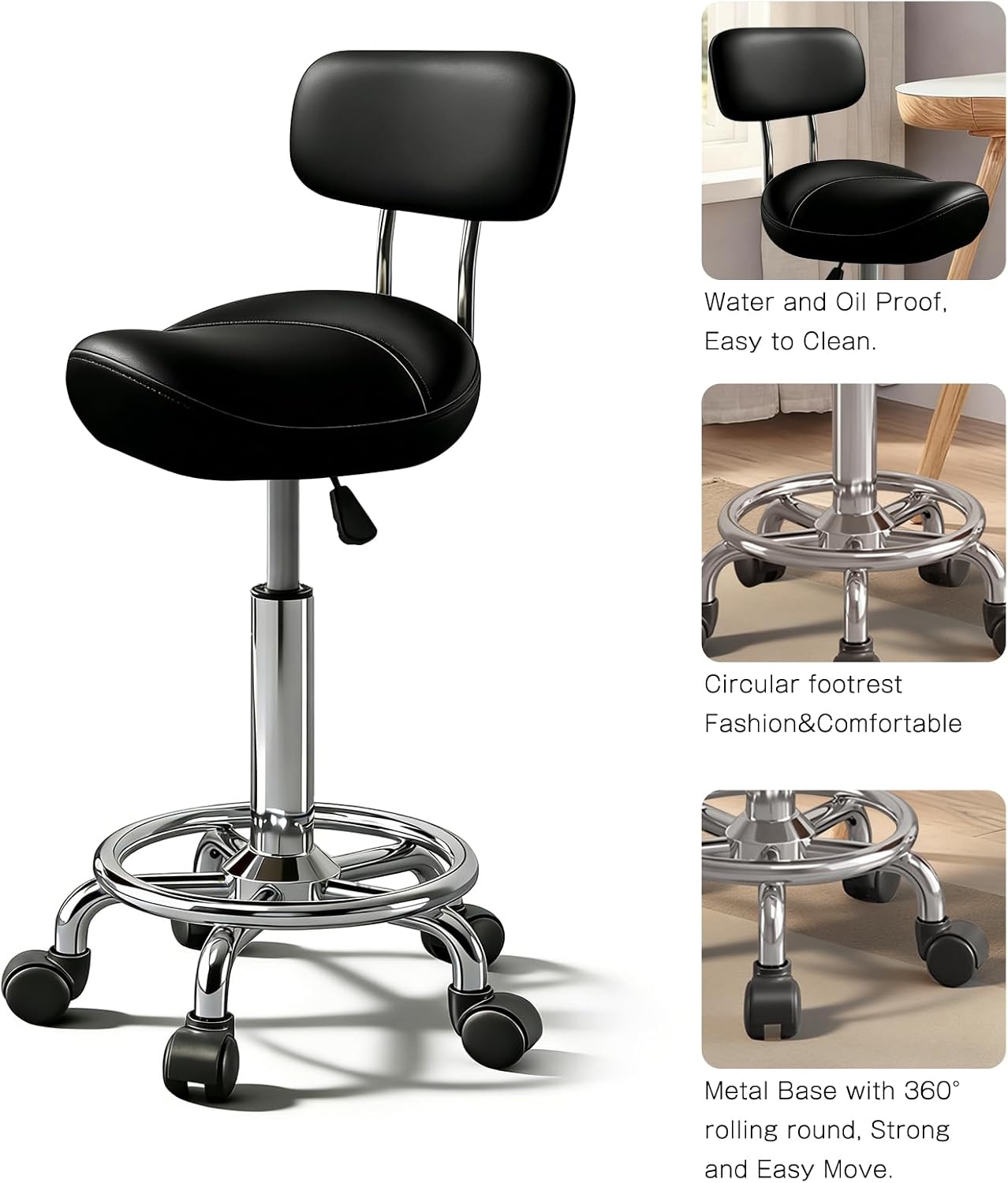 Detalle 2 de Timbertouch MAYCAV5 Adjustable Saddle Stool, Swivel, Black PU Leather, Backrest