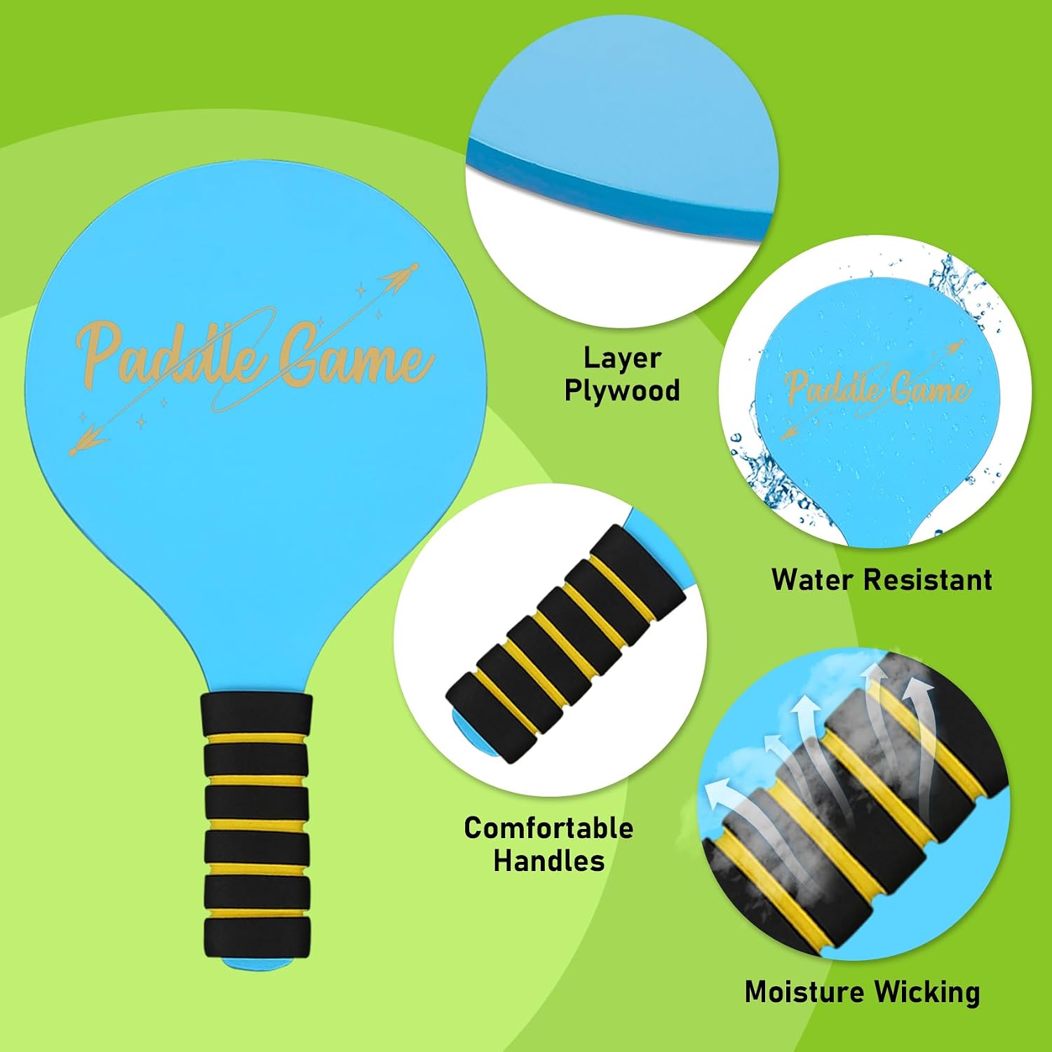 Thumbnail 2 de INPODAK Beach Bat and Ball Set – Wooden Paddle Ball for Pool & Beach (4 paddles, 8 birdies, 4 balls)