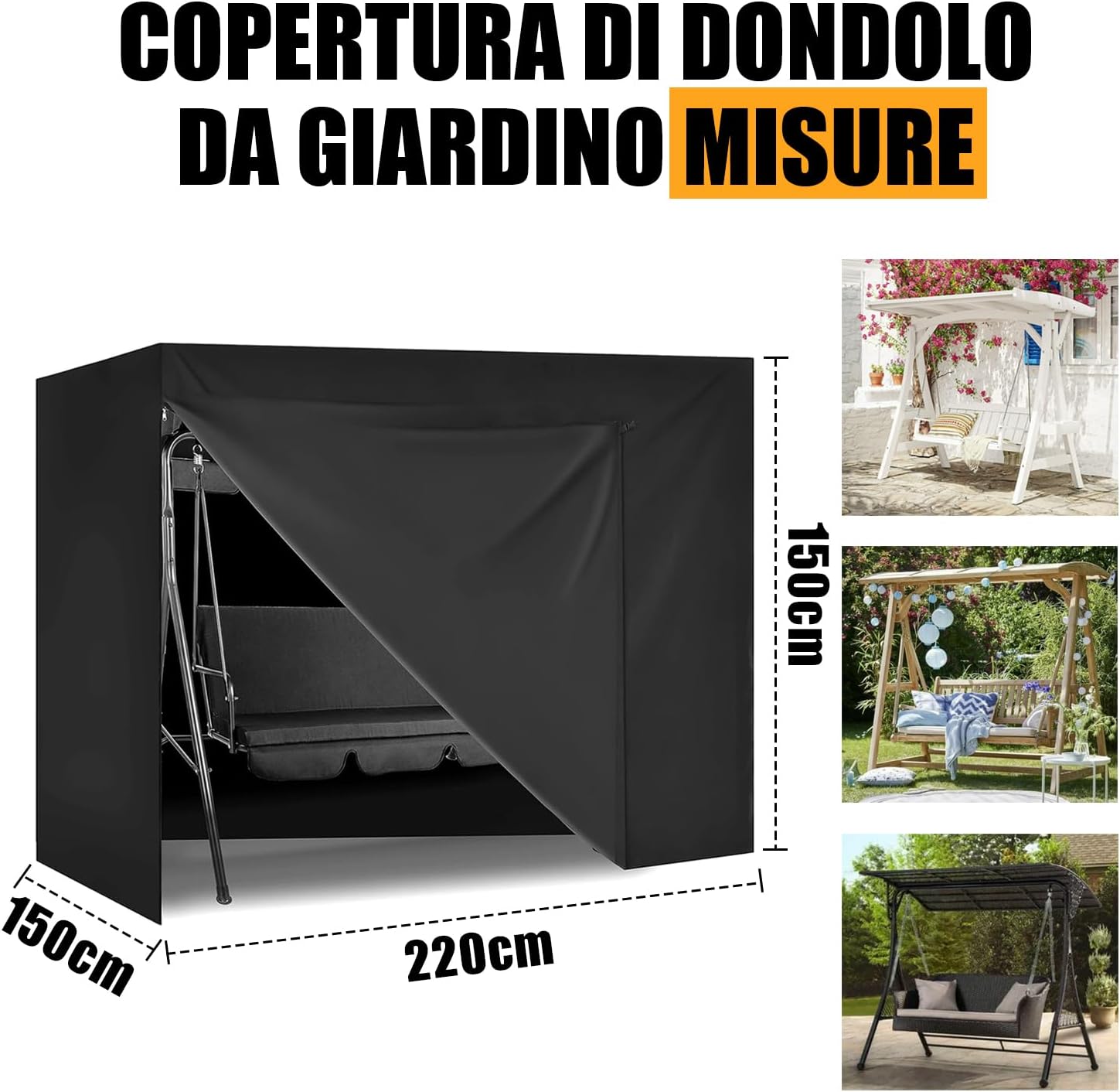 Detalle de Copertura per dondolo da giardino Impermeabile 3 posti 600D Oxford – Nera, 220x150x150 cm