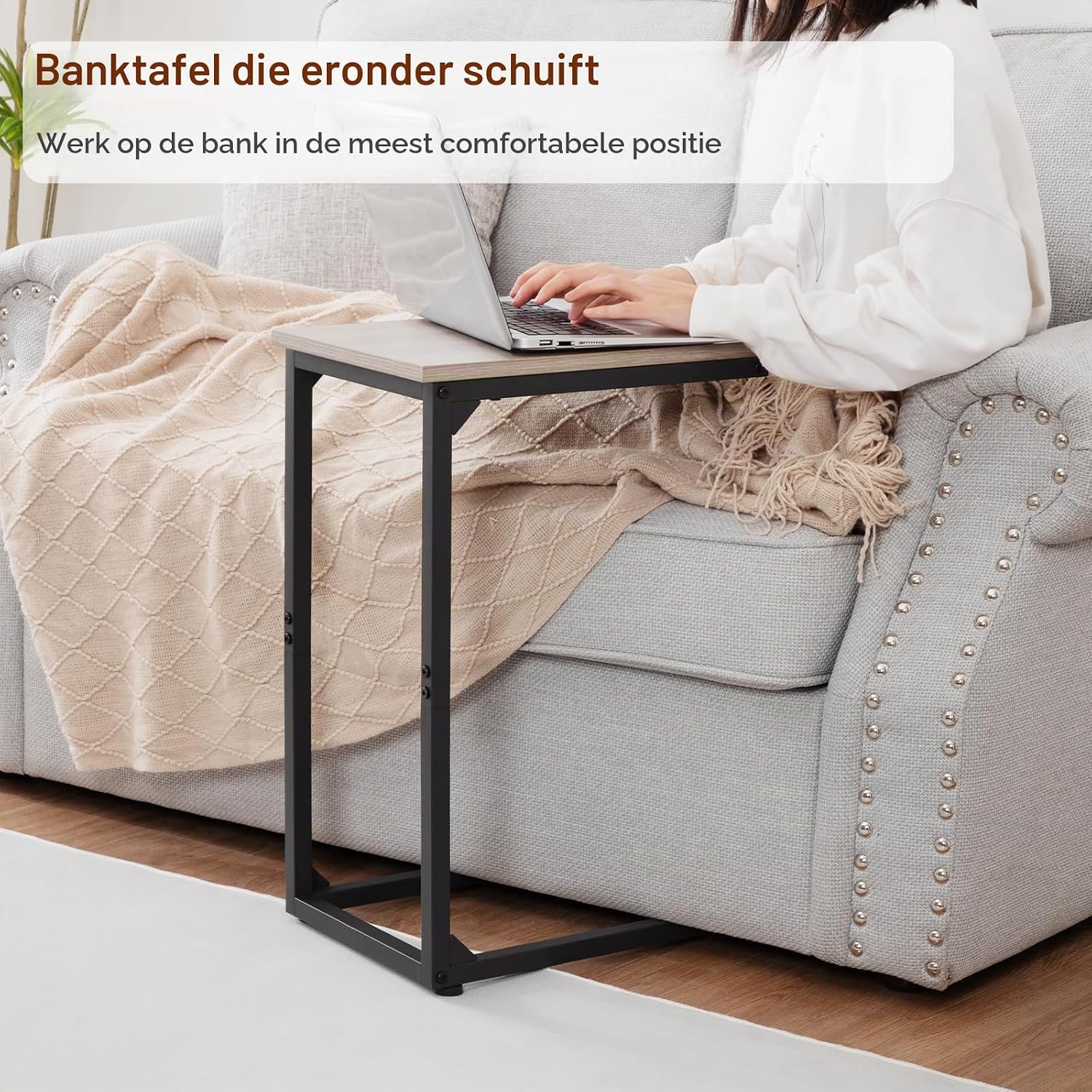 Detalle de AMHANCIBLE EHET02CGY C-vormige bijzettafels, set van 2 met metalen frame