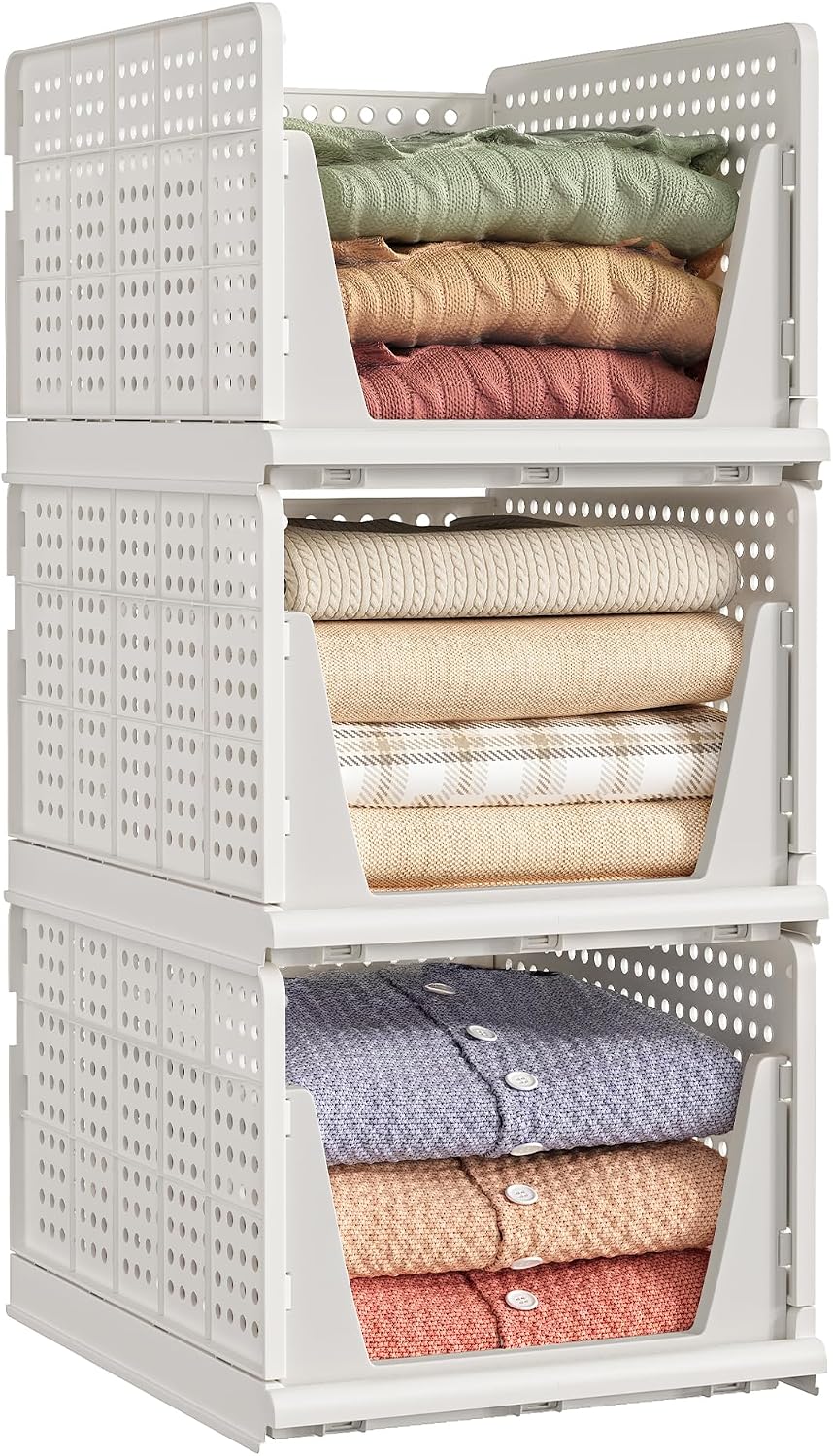 SONGMICS Stackable Wardrobe Storage, Foldable Closet Organiser – Set of 3 Pull-Out Baskets (White LPC310WZ01)