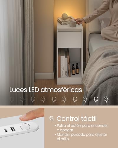 Detalle de VASAGLE KAILYN LET710W01, 2 mesitas de noche con LED, cajón y puertos USB