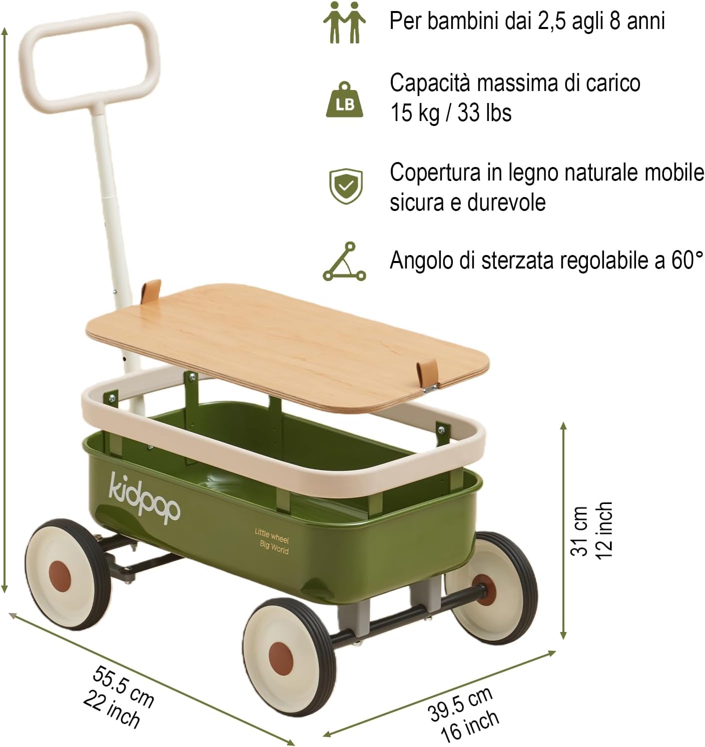 Detalle de Kidpop PULA-Wild 3 in 1: Carrello a mano per bambini – Verde, 2,5–8 anni