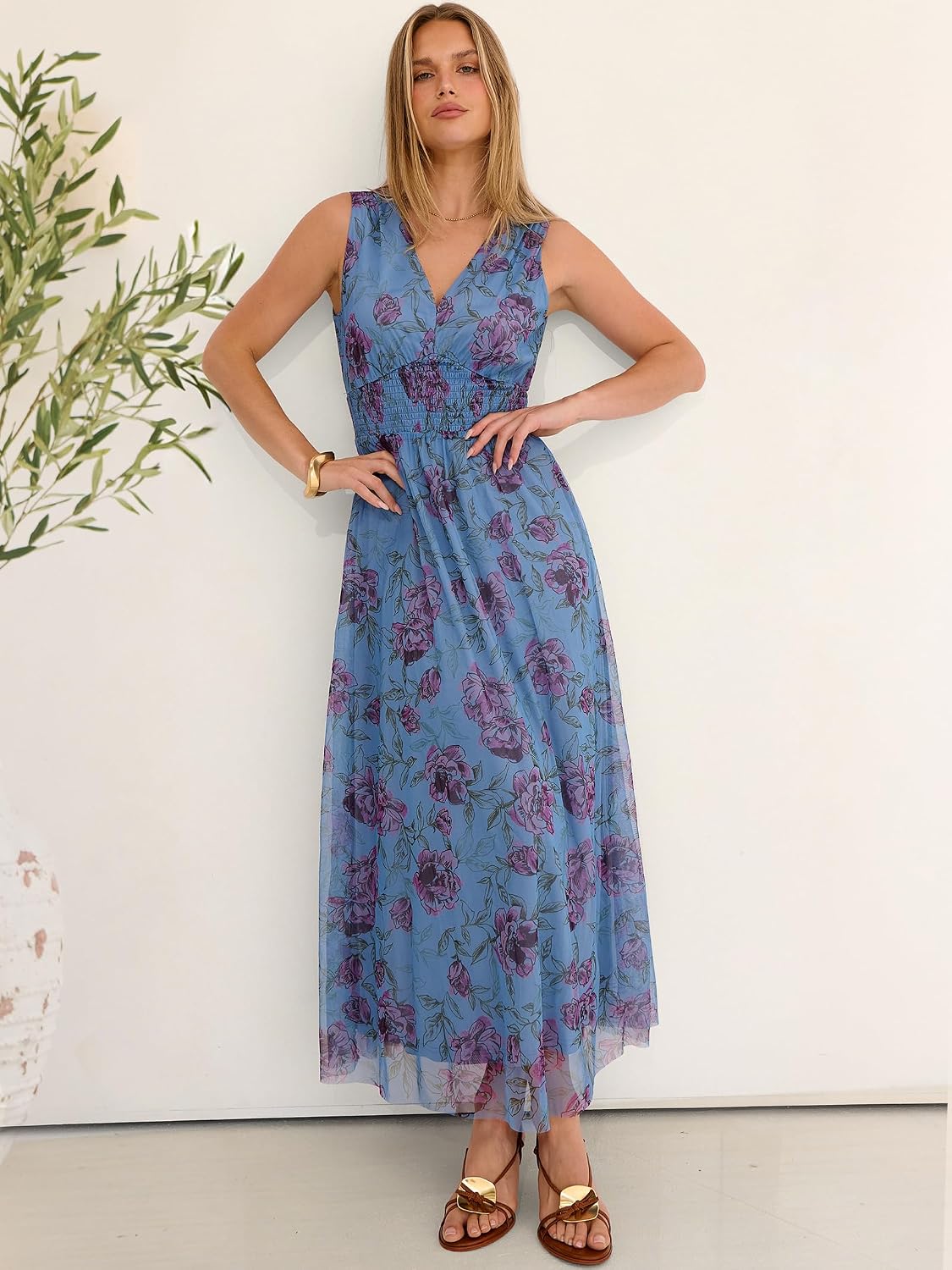 Thumbnail 5 de ANRABESS Women's Floral Tulle Wedding Guest Maxi Dress — V-Neck, Sleeveless, A-Line