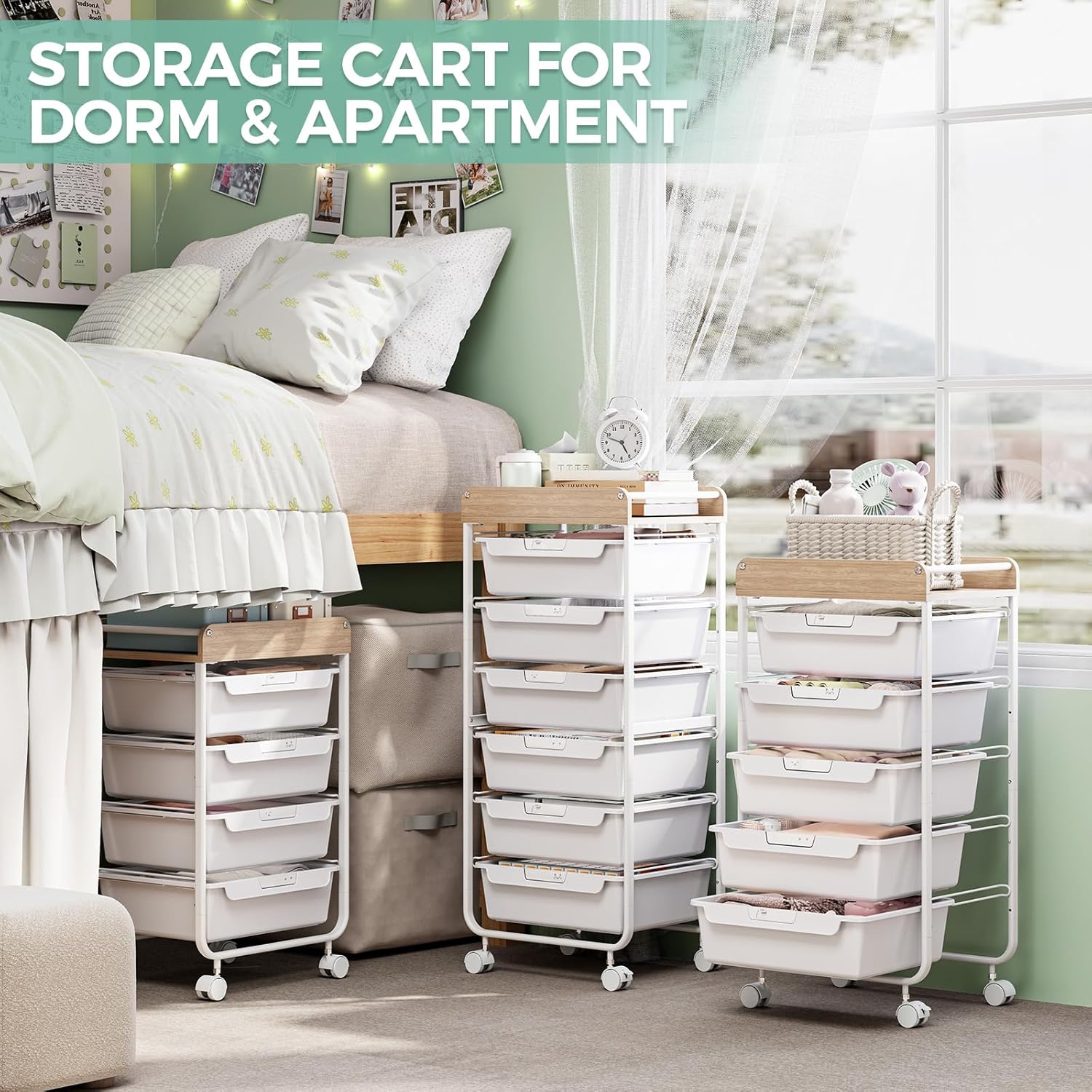 Detalle de SYKIARIOL 1431+1233+1432 6-Drawer Rolling Storage Cart with Wooden Top, White