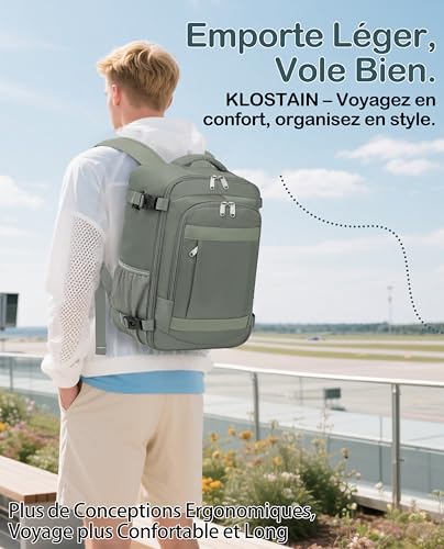 Detalle 2 de KLOSTAIN Sac à Dos Voyage Cabine Avion 45x36x20 cm – 30 L, 14" + Compartiment sécurisé, Vert