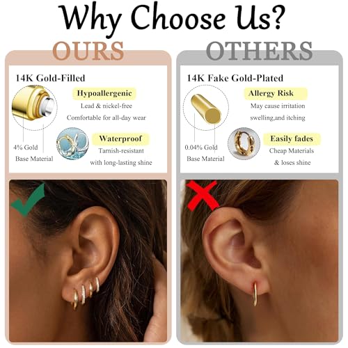 Thumbnail 2 de ATTILA 4 Pairs 14K Gold Plated Hoop Earrings for Women – 8/8/10/12 mm, 925 Silver Posts