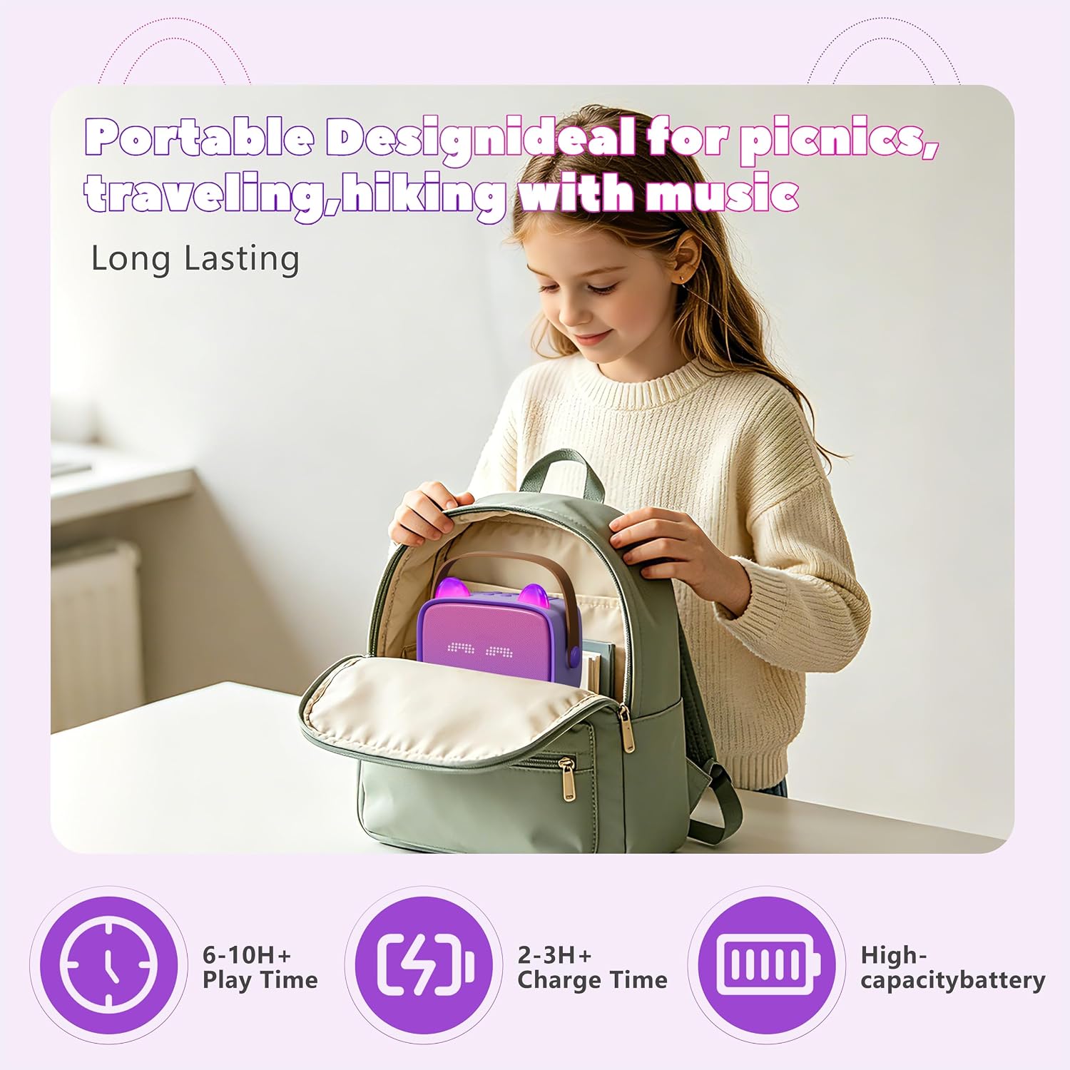 Detalle de Mini Karaoke Machine for Kids, Portable Bluetooth Speaker with 2 Wireless Microphones (Purple)