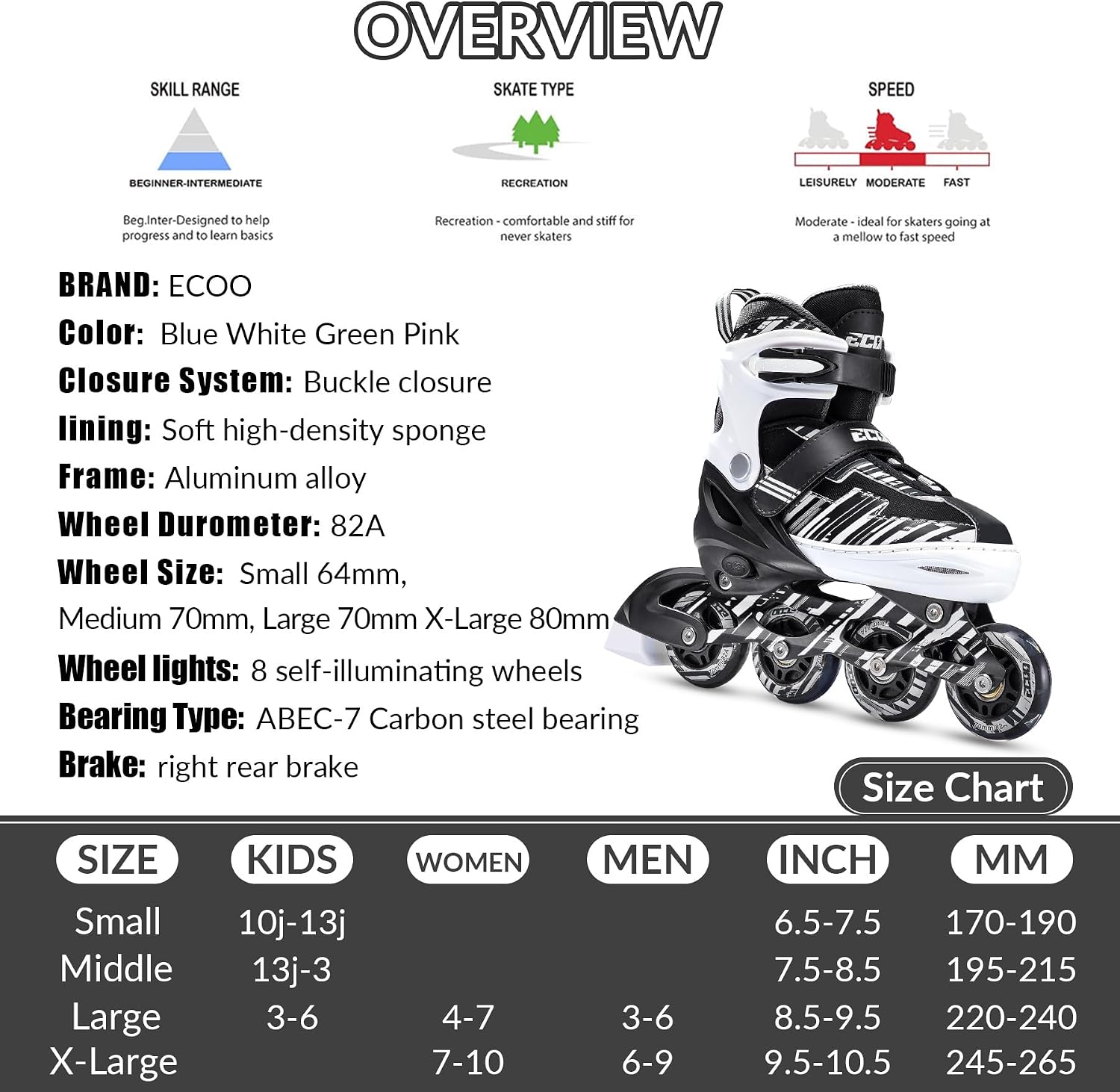 Thumbnail 6 de ECOO Kids' Adjustable Inline Skates