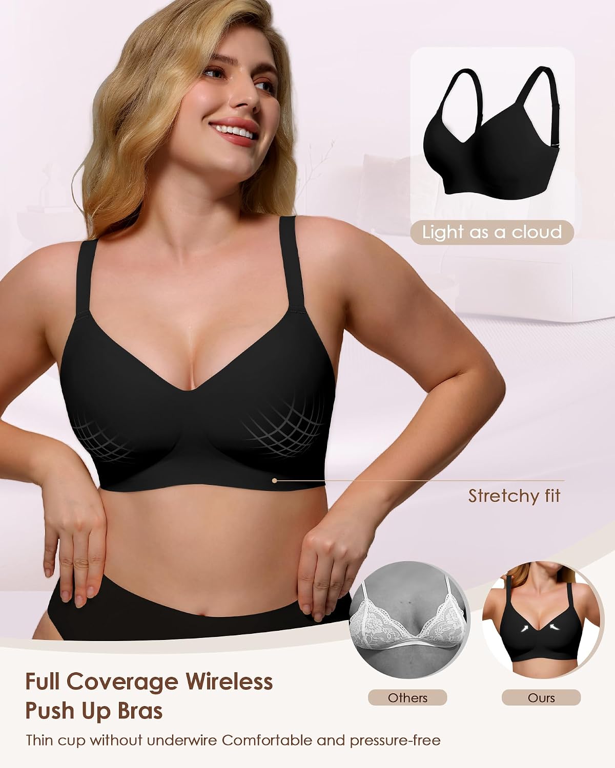 Thumbnail 4 de As Fairy Womens Soft Comfortable No Underwire Bras V Neck Seamless Push Up Bralettes Full Coverage Tshirt Brassiere