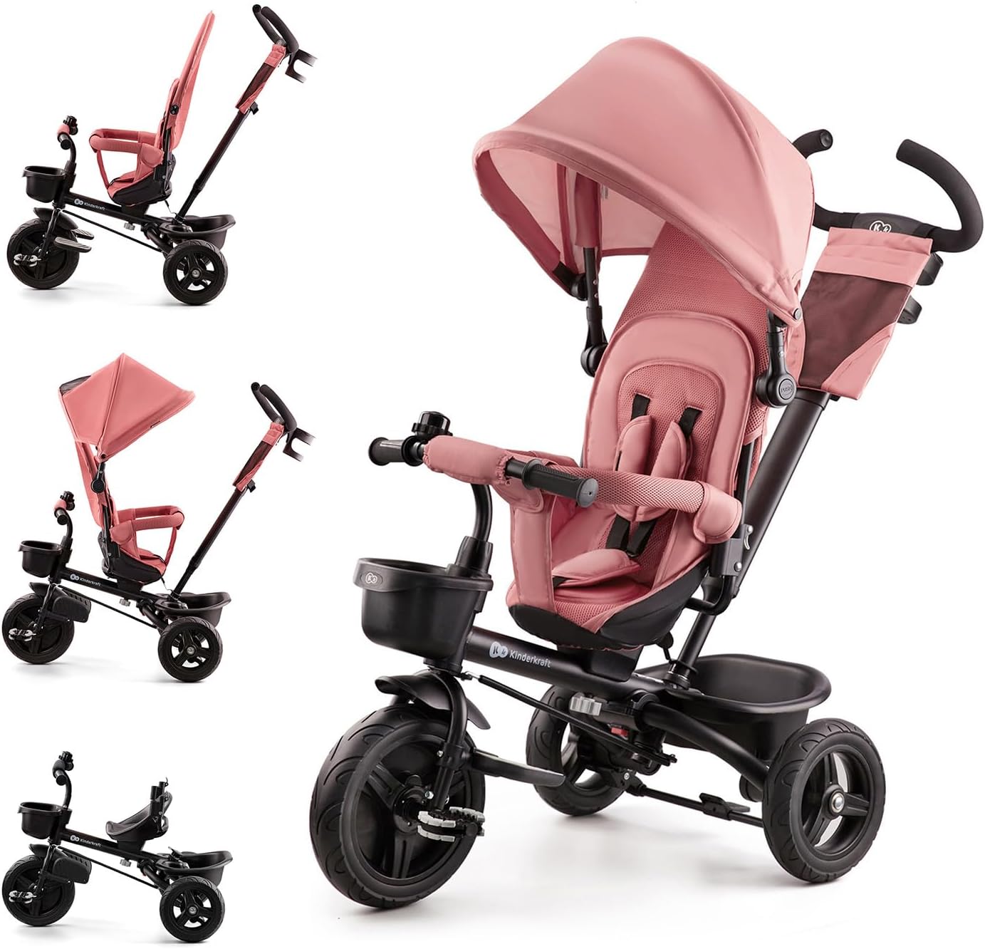 Detalle de Kinderkraft AVEO Triciclo per bambini 9 mesi – 25 kg, maniglione regolabile, pieghevole, sedile girevole fronte mamma e strada, rosa