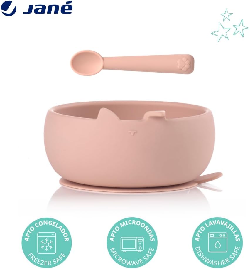 Detalle de Jané Bol et Cuillère en Silicone avec Ventouse – Ensemble bébé rose, sans BPA et compatible micro-ondes