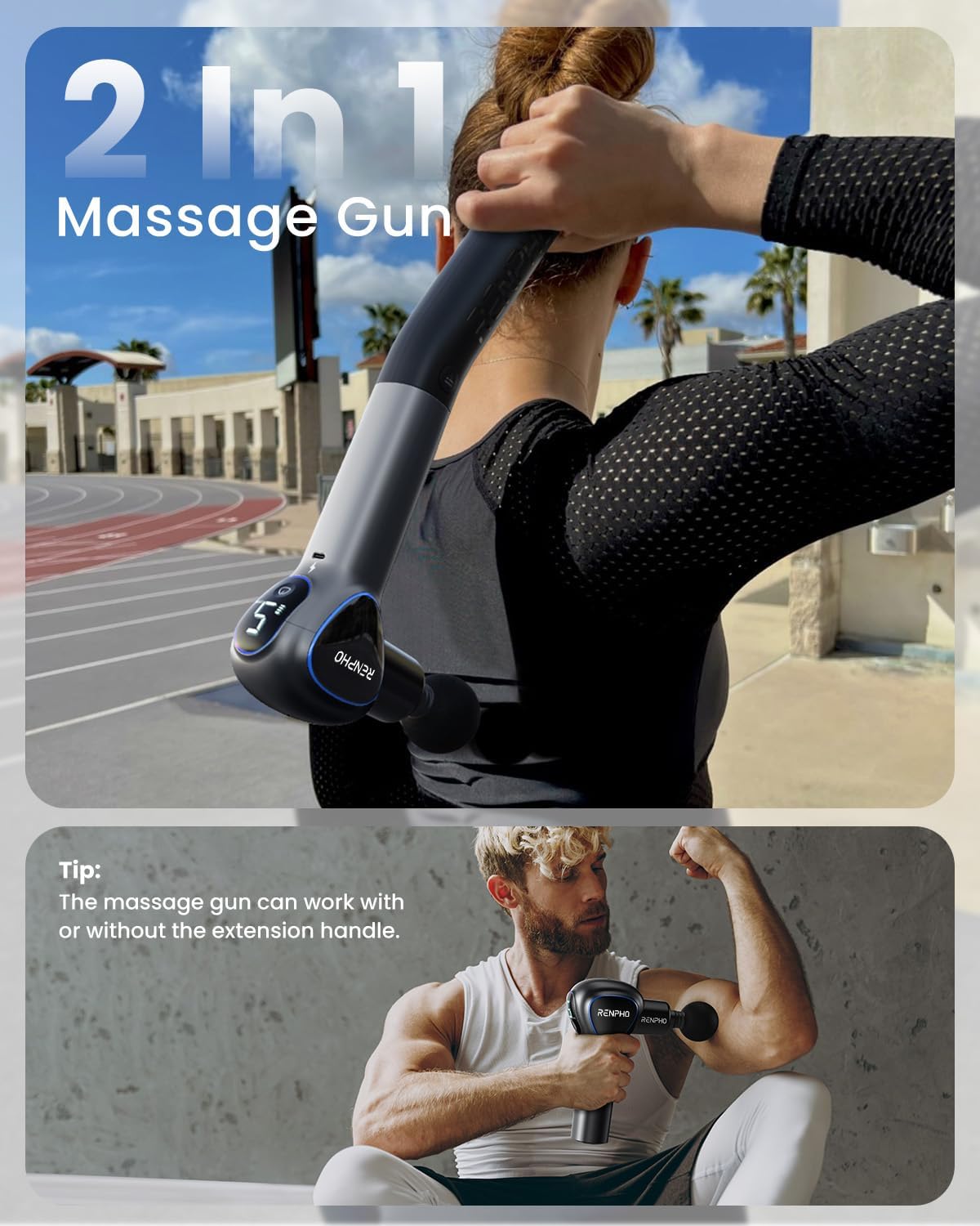 Thumbnail 3 de RENPHO Reach Pistola Massaggio Muscolare con Manico Staccabile – 5 velocità, 4 testine, LED, 2 in 1 Percussione Profonda