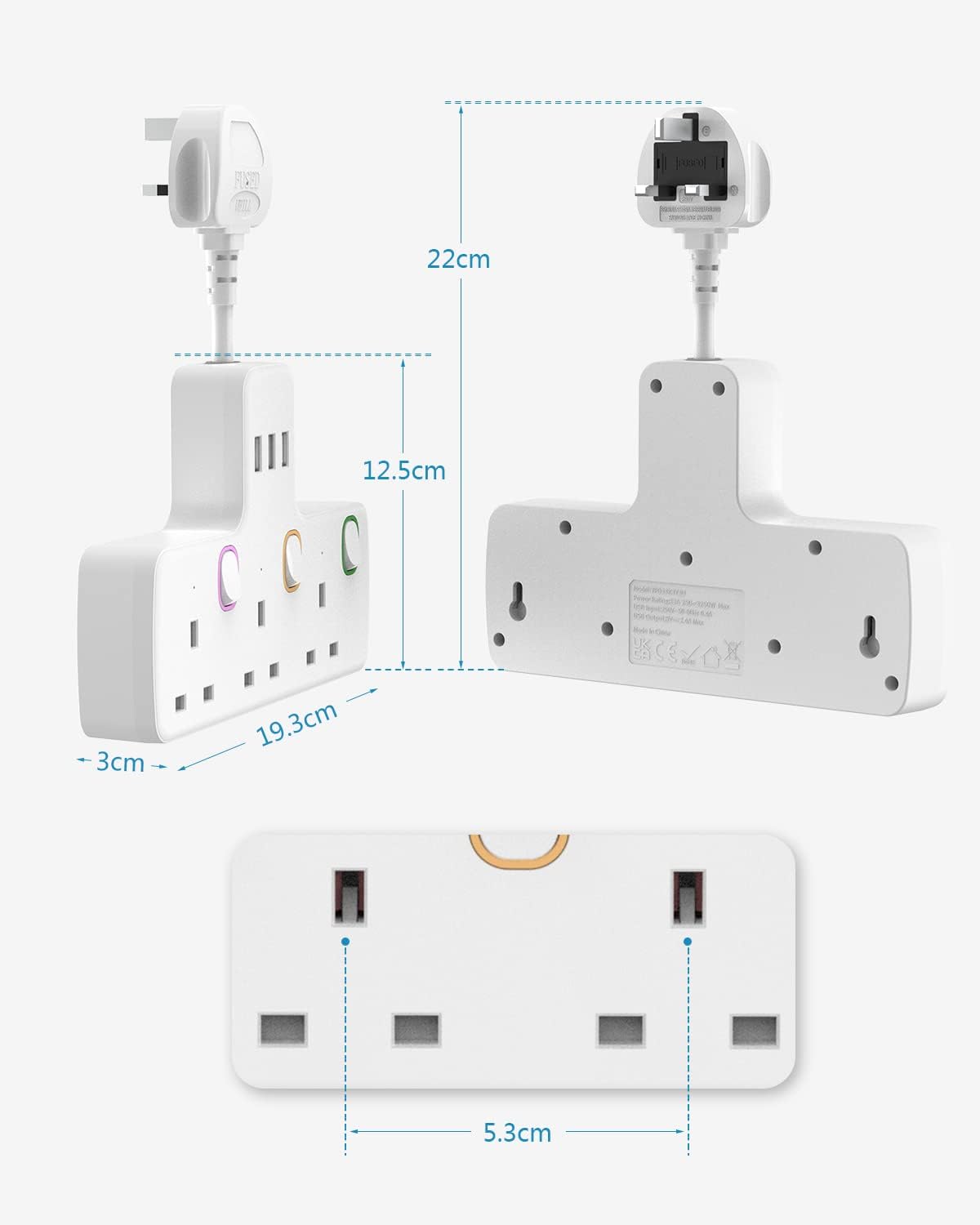 Detalle 2 de Multi Plug Extension 3 Way 3 USB 3250W