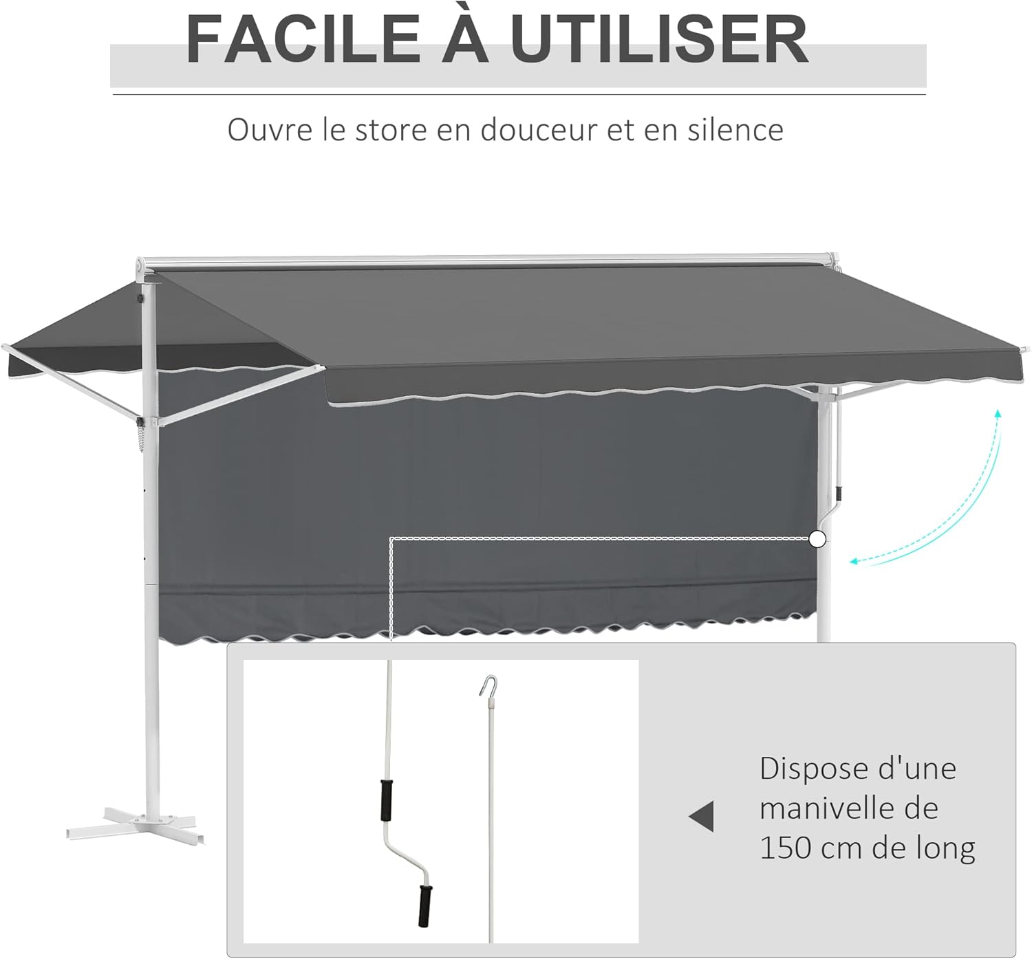 Thumbnail 3 de Outsunny Store Double Pente 4 x 3 m – Store banne double pente rétractable, inclinable et résistante, blanc époxy
