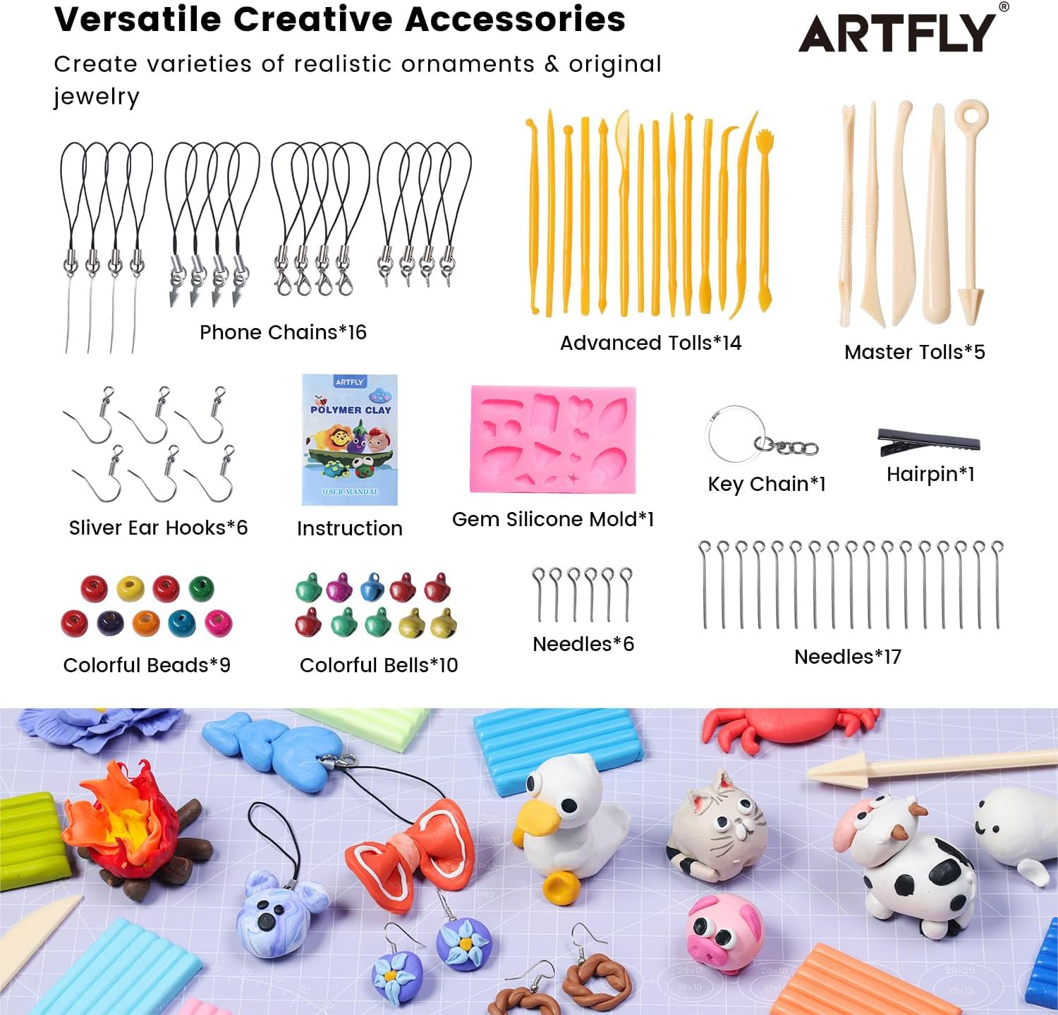 Detalle 2 de ARTFLY Pâte Polymère – 50 couleurs, outils et accessoires inclus, non toxique et prêt à cuire