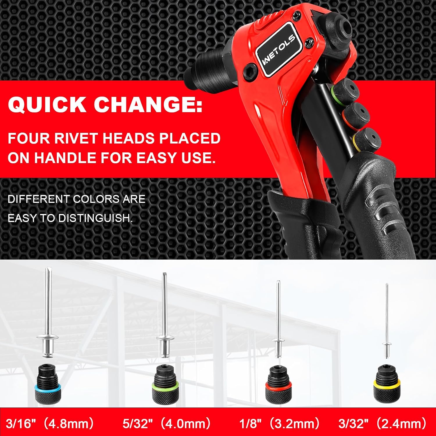 Thumbnail 3 de WETOLS WE-888 Pop Rivet Gun Kit, 4 Heads and 200 Rivets