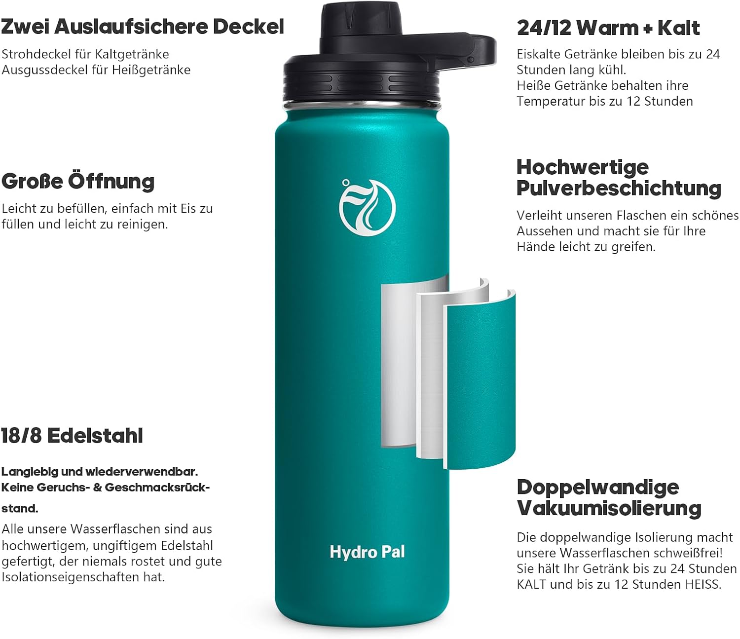 Detalle de HydroPal Isolierflasche 1200ml – Edelstahl, BPA-frei, 24h kalt / 12h heiß, auslaufsicher mit zwei Deckeln und Strohhalm