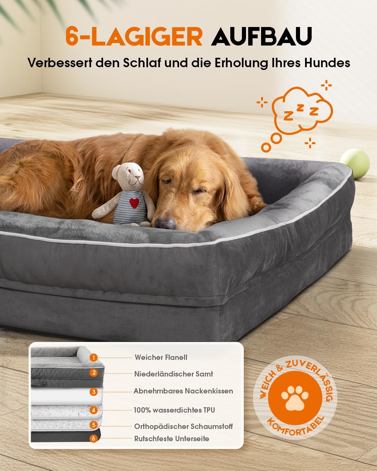 Thumbnail 4 de Upvilla orthopädisches Hundebett für mittelgroße Hunde (61×46×15 cm) – waschbar, wasserdicht, rutschfeste Unterseite
