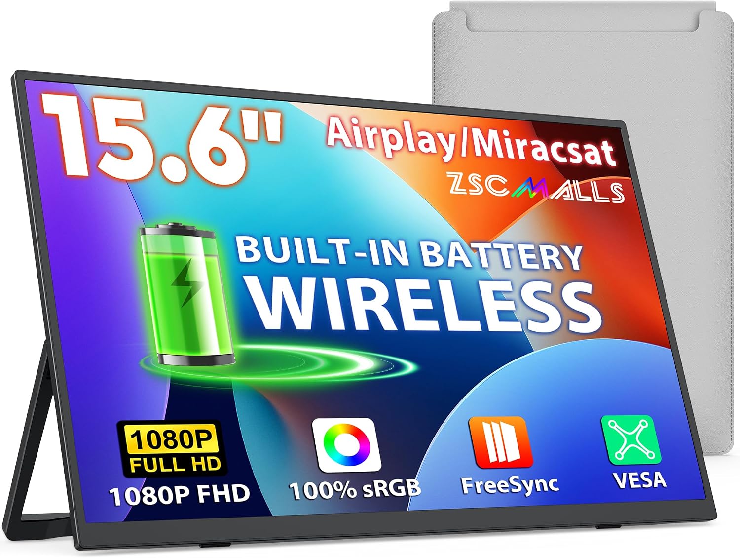 Detalle de ZSCMALLS 15.6" 1080P IPS Wireless Portable Monitor (8000mAh) with AirPlay/Miracast