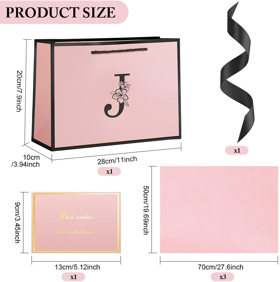 Thumbnail 1 de Vicloon Birthday Gift Bag, Pink and Black Letter J, with Bow and Card