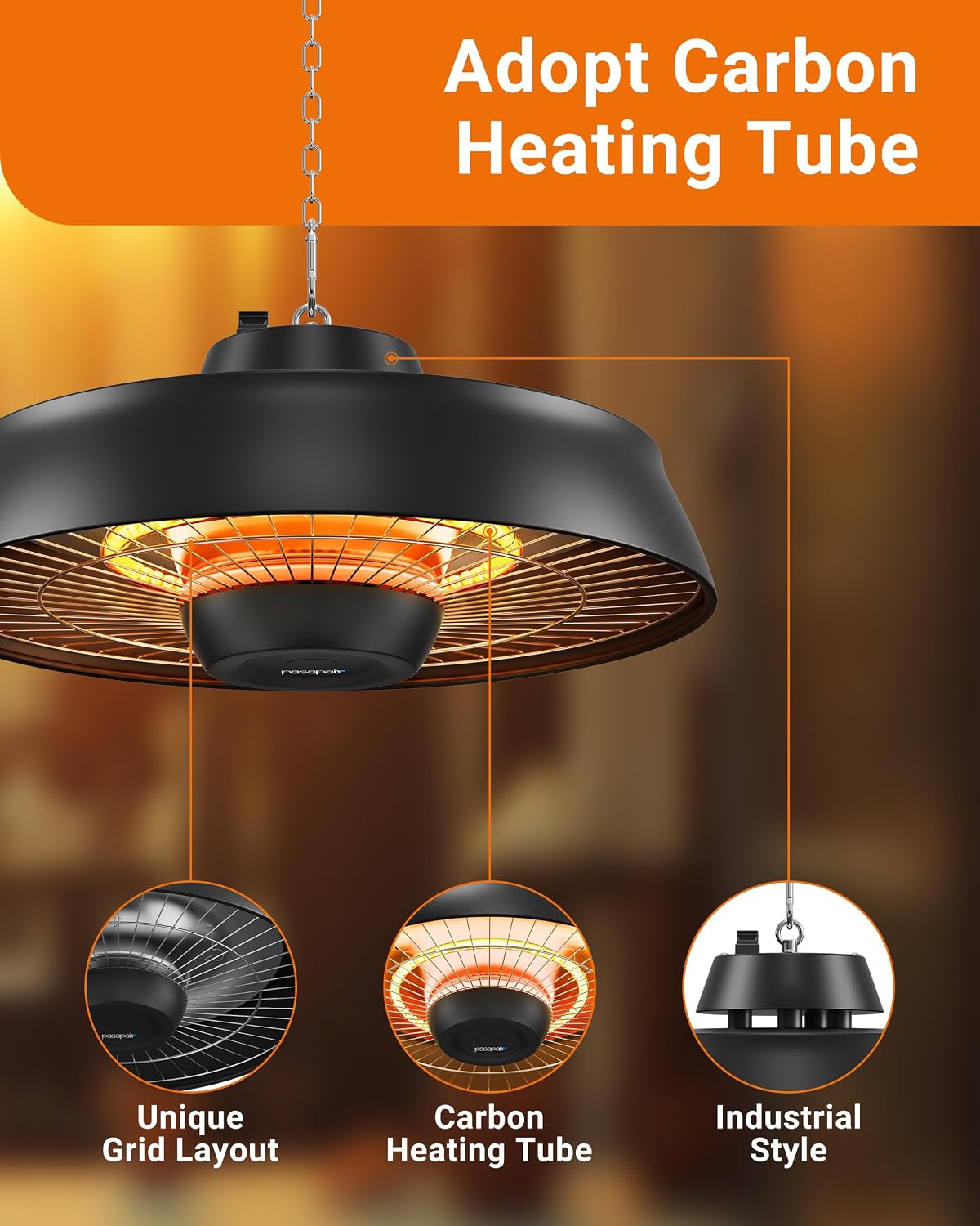 Detalle de pasapair TSH-RH2 1500W Carbon Infrared Hanging Heater with Remote