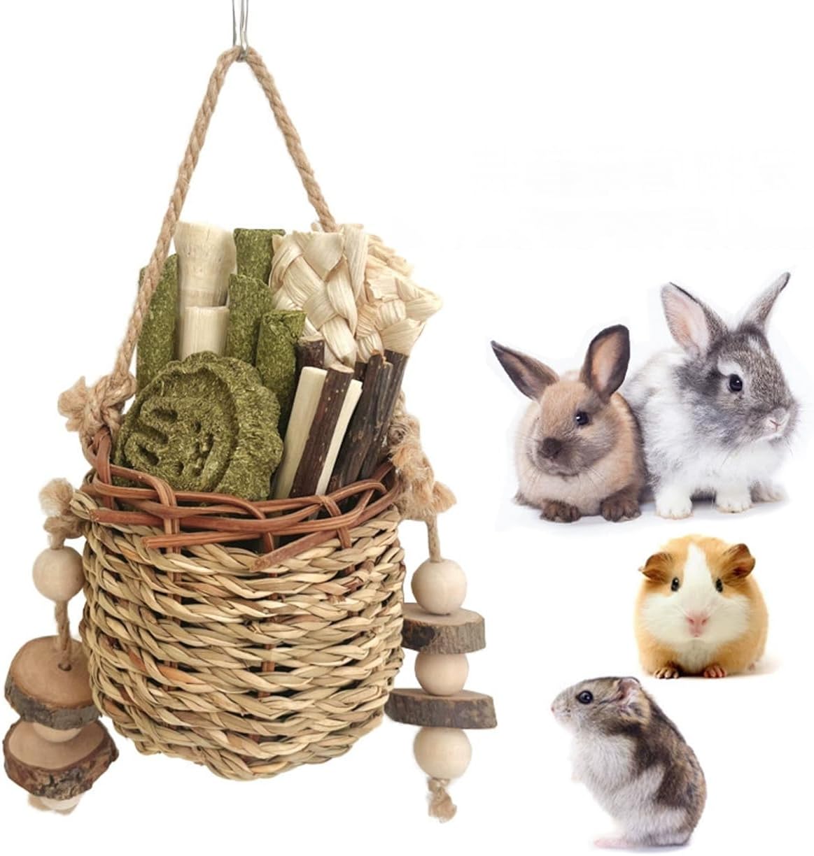 Detalle de Didabotak Bunny Chew Toys: Natural Seagrass Hanging Basket for Small Pets