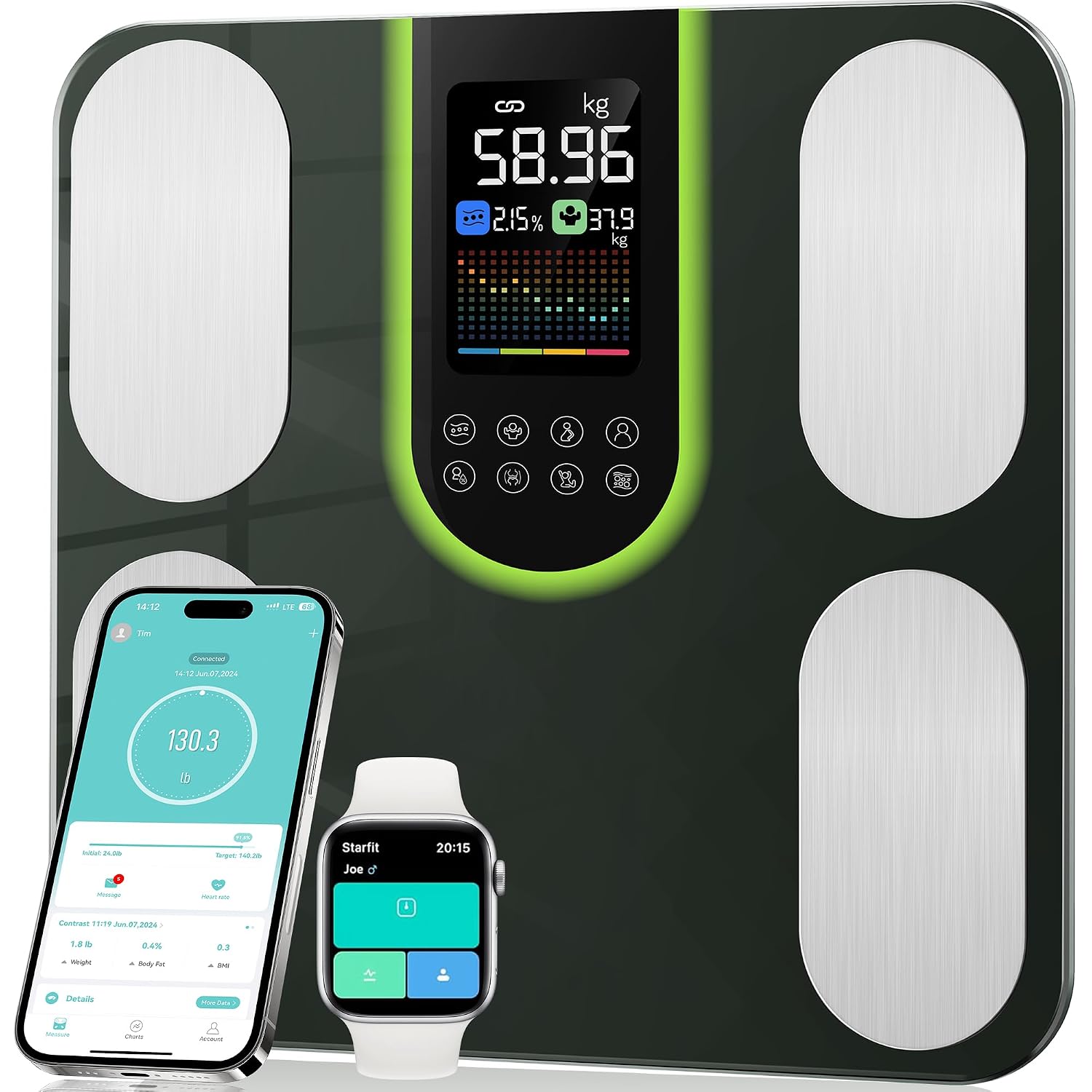 Detalle de Body Fat Scales with 4-Electrode BIA (180kg) + Fitdays App — Smart Bathroom Scales for BMI, Visceral Fat & More