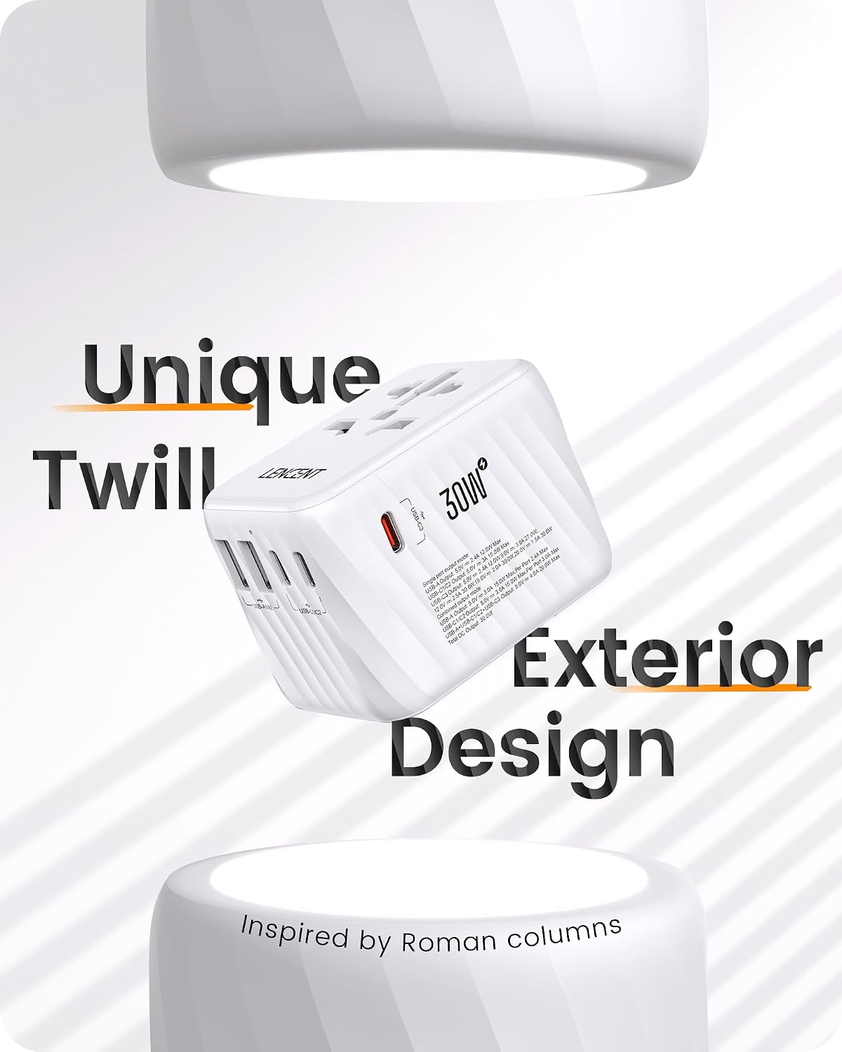 Detalle de LENCENT Adaptateur de Voyage Universelle – Prise 6-en-1 30W avec 3 USB-C et 2 USB-A