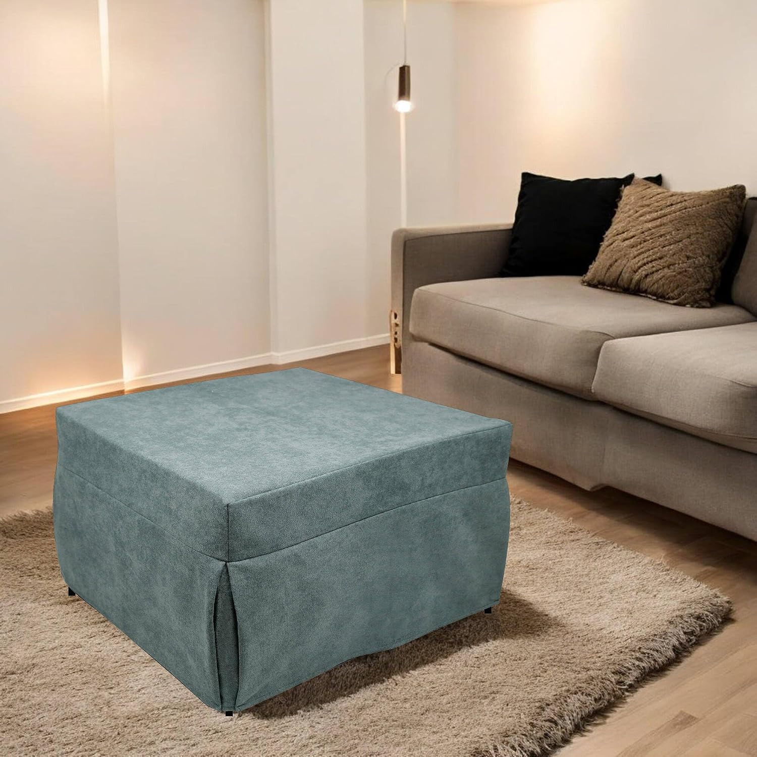 Detalle de Dmora Talamo Italia Pouf Abbis multifunzione con poggiapiedi e trasformazione letto singolo, Azzurro (78x78 h45 cm)