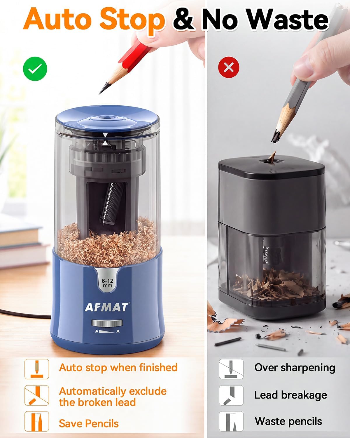 Detalle 2 de AFMAT PS93 Electric Pencil Sharpener for 6–12 mm Pencils, Auto Stop, 2 Settings