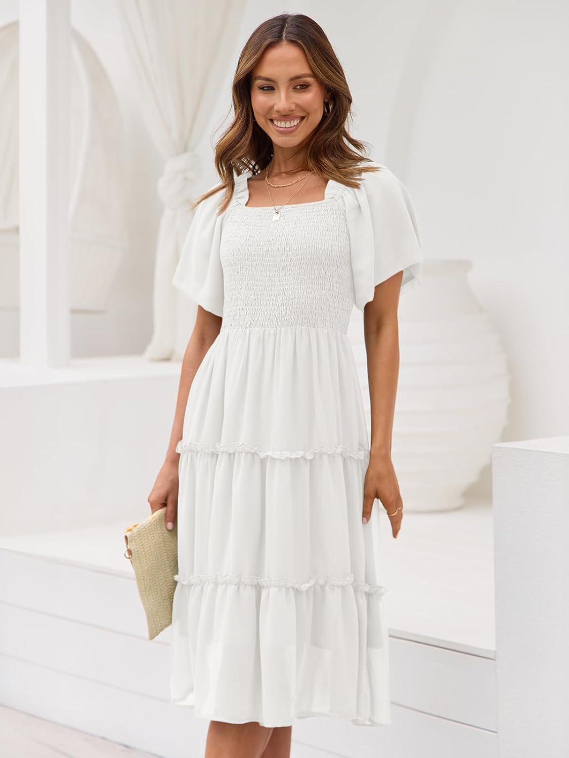 Thumbnail 1 de LILLUSORY Women’s Summer Smocked Midi Dress with Flutter Sleeves and Square Neck