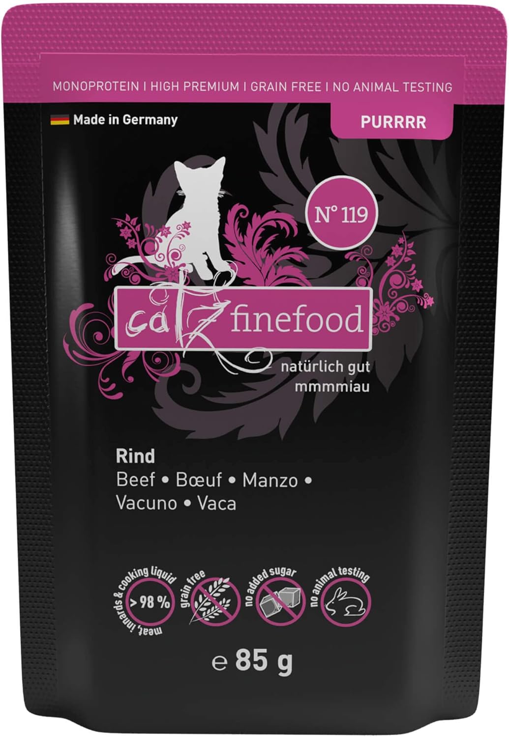 catz finefood Purrrr Rind Monoprotein Katzenfutter nass N°119 – 70% Fleischanteil, ernährungssensible Katzen, 16 x 85 g