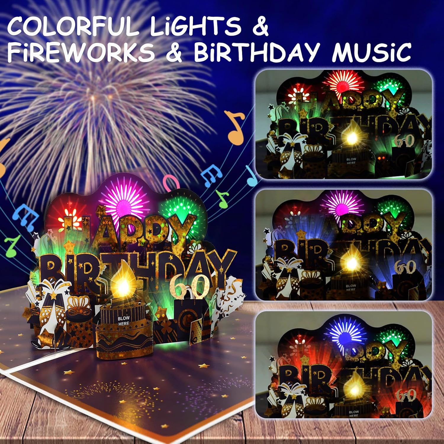 Thumbnail 1 de 60th Birthday Card – Musical Pop-Up with Fireworks & Blow-Out Candle (for Men, Women & Family)