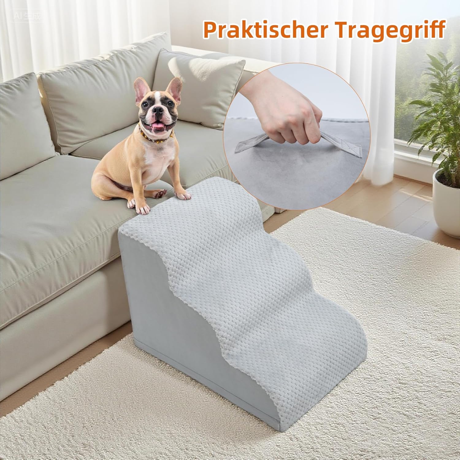 Thumbnail 6 de KSIIA Hundetreppe mit 3 Stufen (40 cm hoch) – rutschfeste Basis & waschbarer Bezug, grau