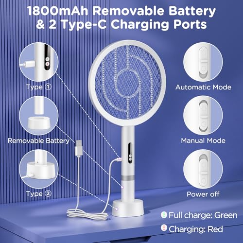 Detalle de BKXCHA 2 en 1 Raqueta Mosquitos Eléctrica 4000V, USB-C, Lámpara UV y Malla de Seguridad 3 Capas