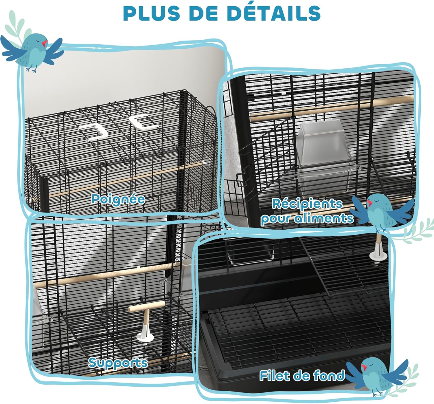 Detalle de PawHut Cage à Oiseaux avec portes et perchoirs (61 x 36,5 x 98 cm) – Noir
