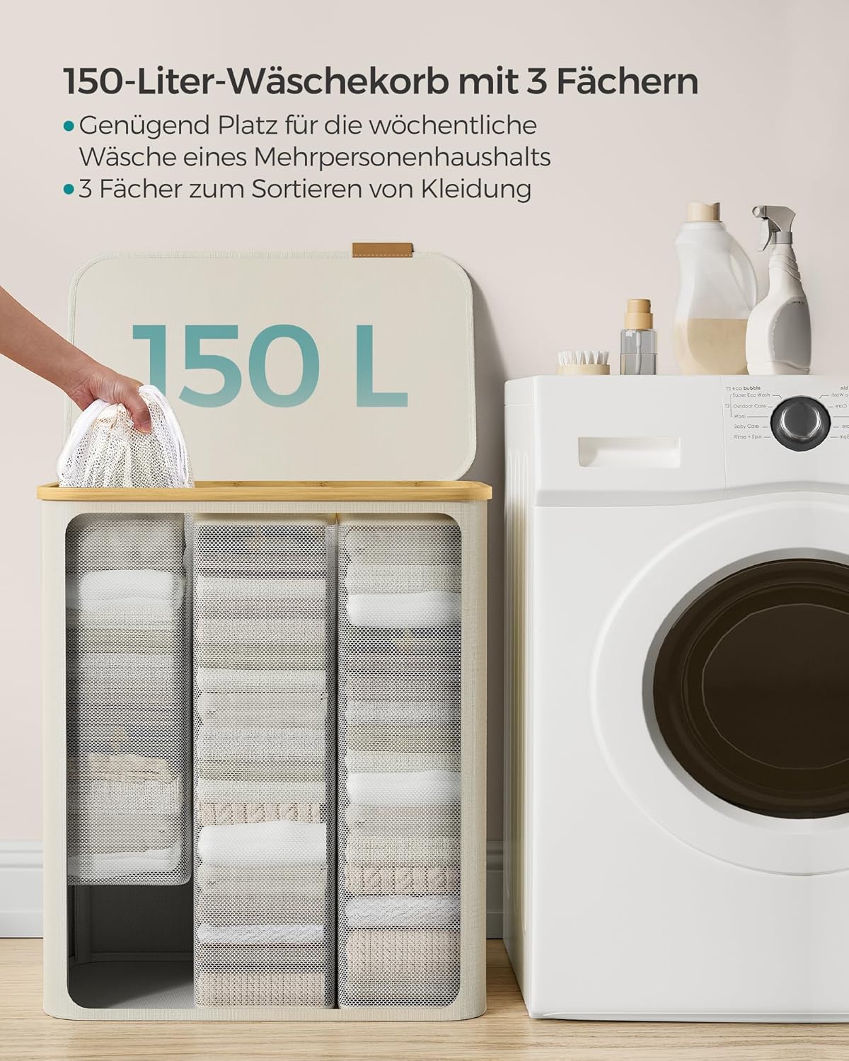 Thumbnail 2 de SONGMICS Wäschekorb mit Deckel und 3 Fächern (150 L) LCB515W01 – sortieren, verstauen, transportieren