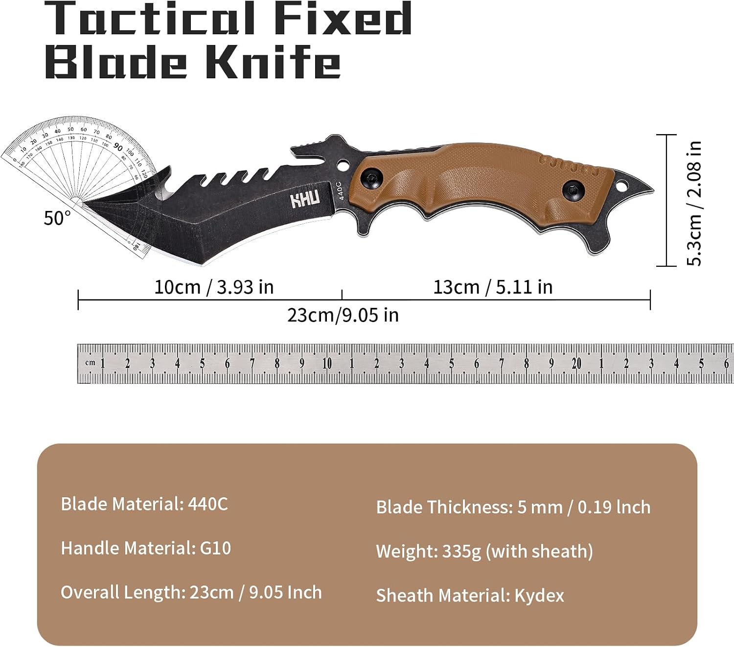 Detalle de KHU Coltello a lama fissa 440C con manico in G10 e fodero Kydex – 23 cm, 10,5 cm di lama