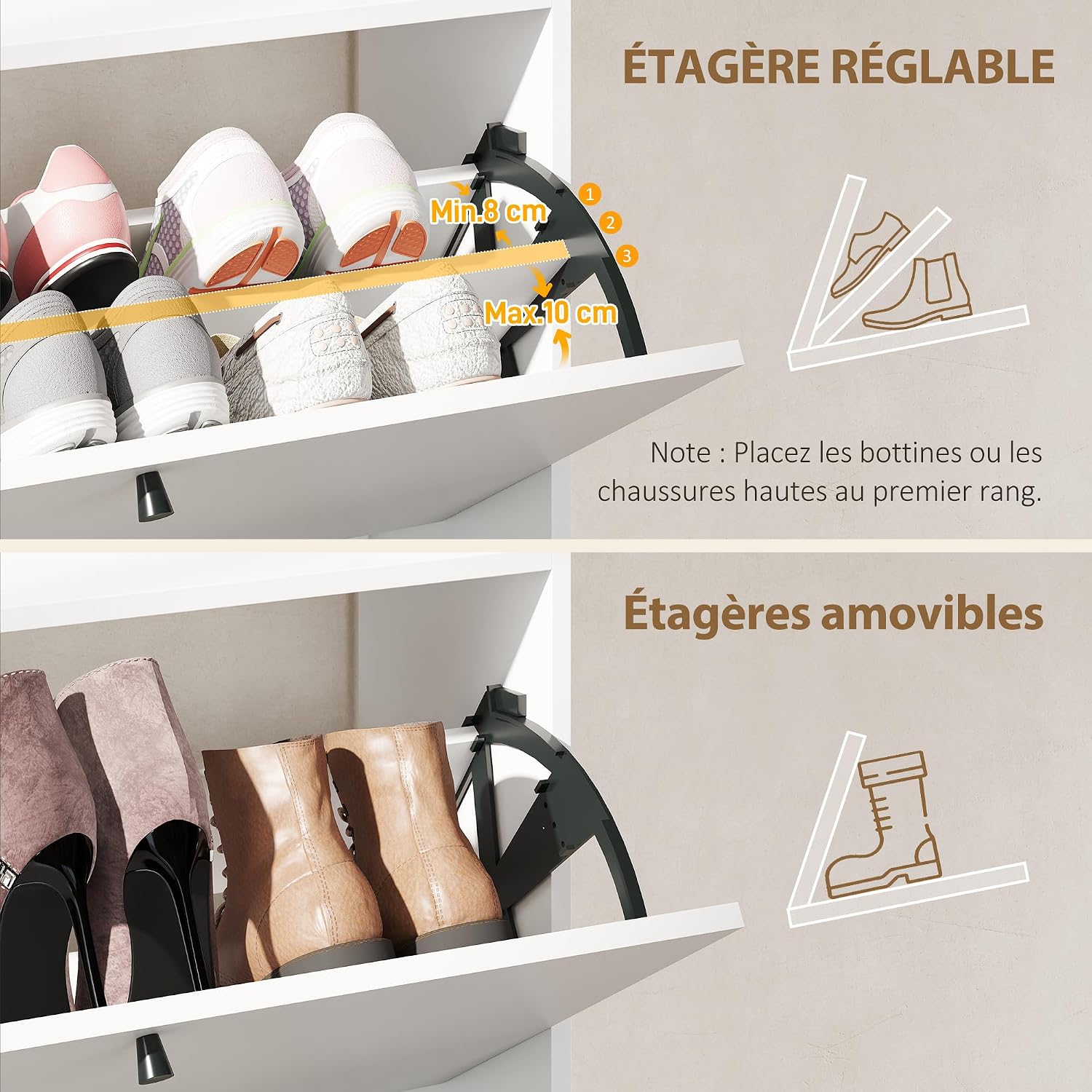 Thumbnail 3 de HOMCOM Meuble à chaussures 16 paires étroit avec 2 tiroirs rabattables et surface supérieure (80 x 24 x 101 cm) blanc