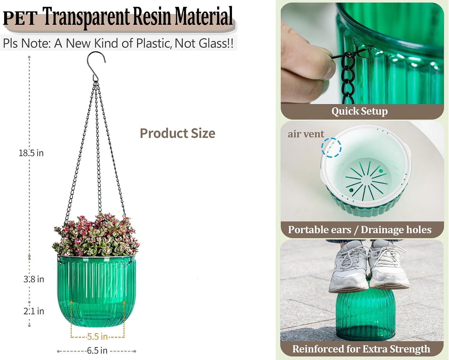 Detalle 2 de Melphoe hanging planters-6.5 Self-Watering Hanging Planters, 2-Pack, Emerald