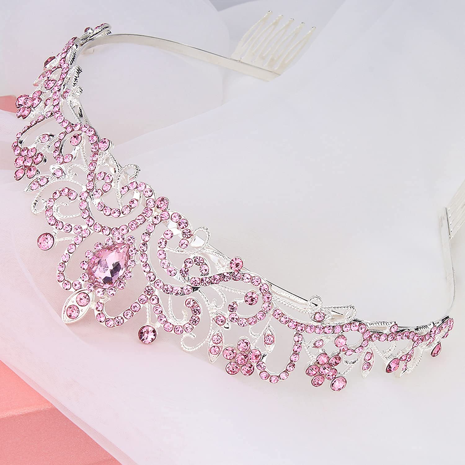 Detalle 2 de Didder Silver Pink Crystal Tiara with Hair Combs for Women and Girls